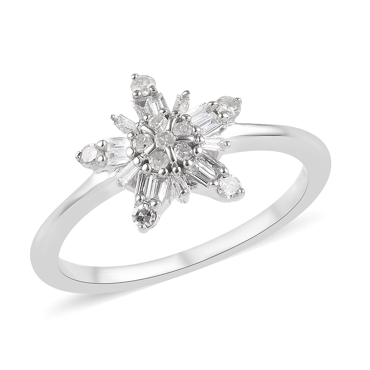 9K White Gold SGL Certified Diamond (Rnd and Bgt) (I2-I3/G-H) Snowflake Design Ring 0.25 Ct.