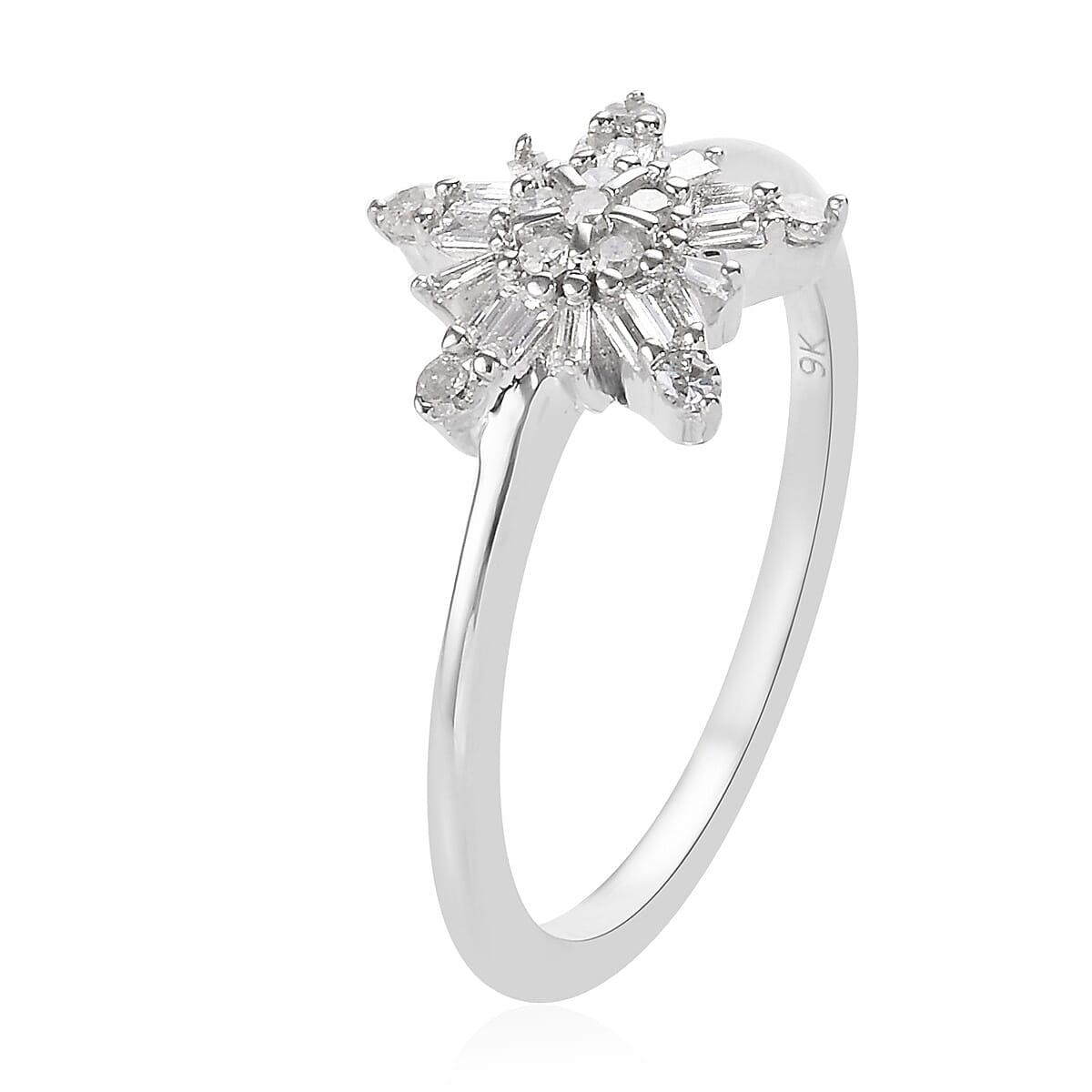 9K White Gold SGL Certified Diamond (Rnd and Bgt) (I2-I3/G-H) Snowflake Design Ring 0.25 Ct.