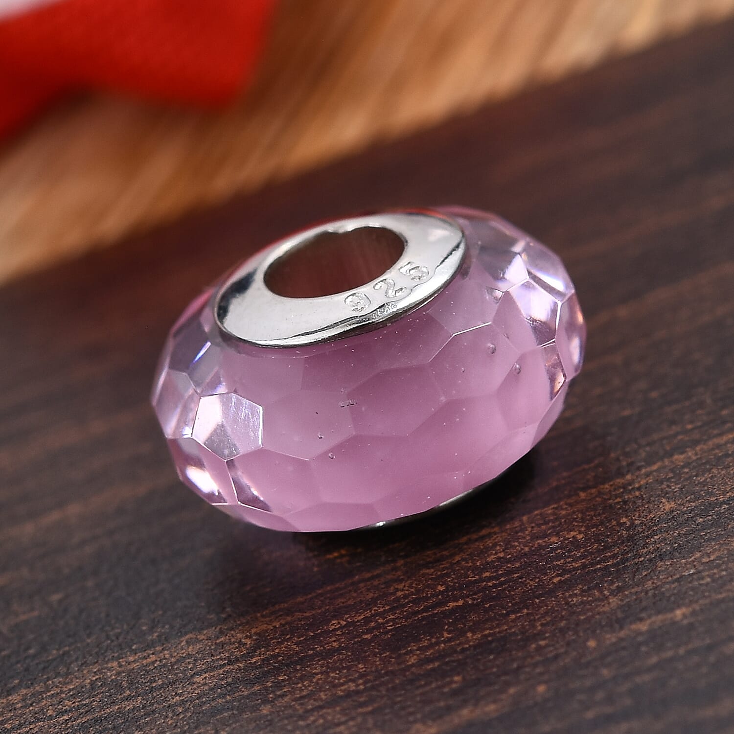 Charmes De Memoire Light Pink Murano Style Glass Bead Bangle (Size 7.5) in Platinum Overlay Sterling Silver