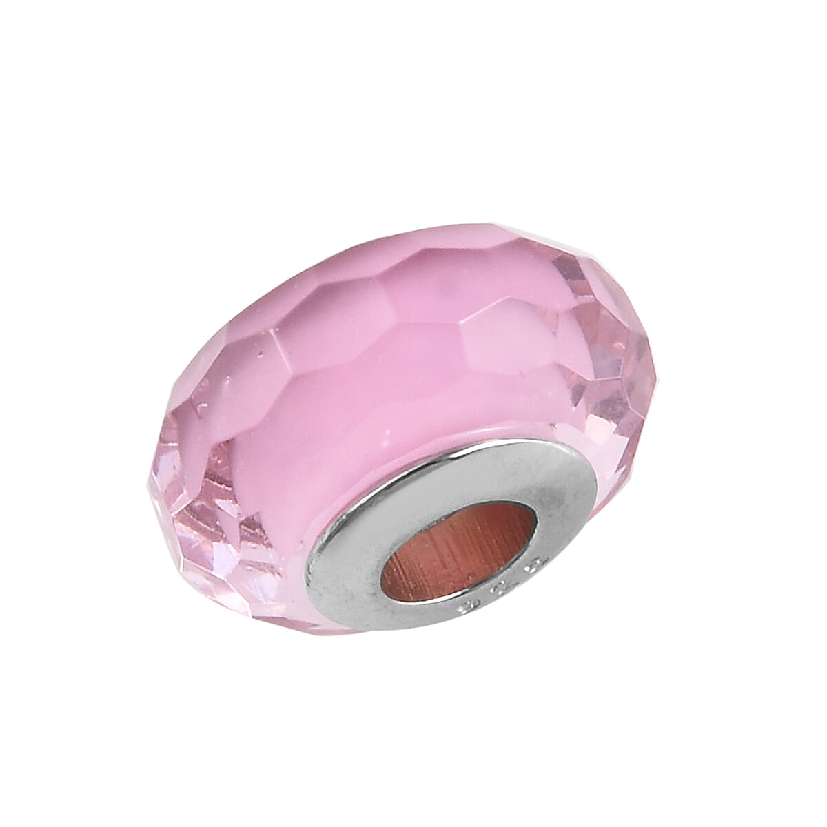Charmes De Memoire Light Pink Murano Style Glass Bead Bangle (Size 7.5) in Platinum Overlay Sterling Silver