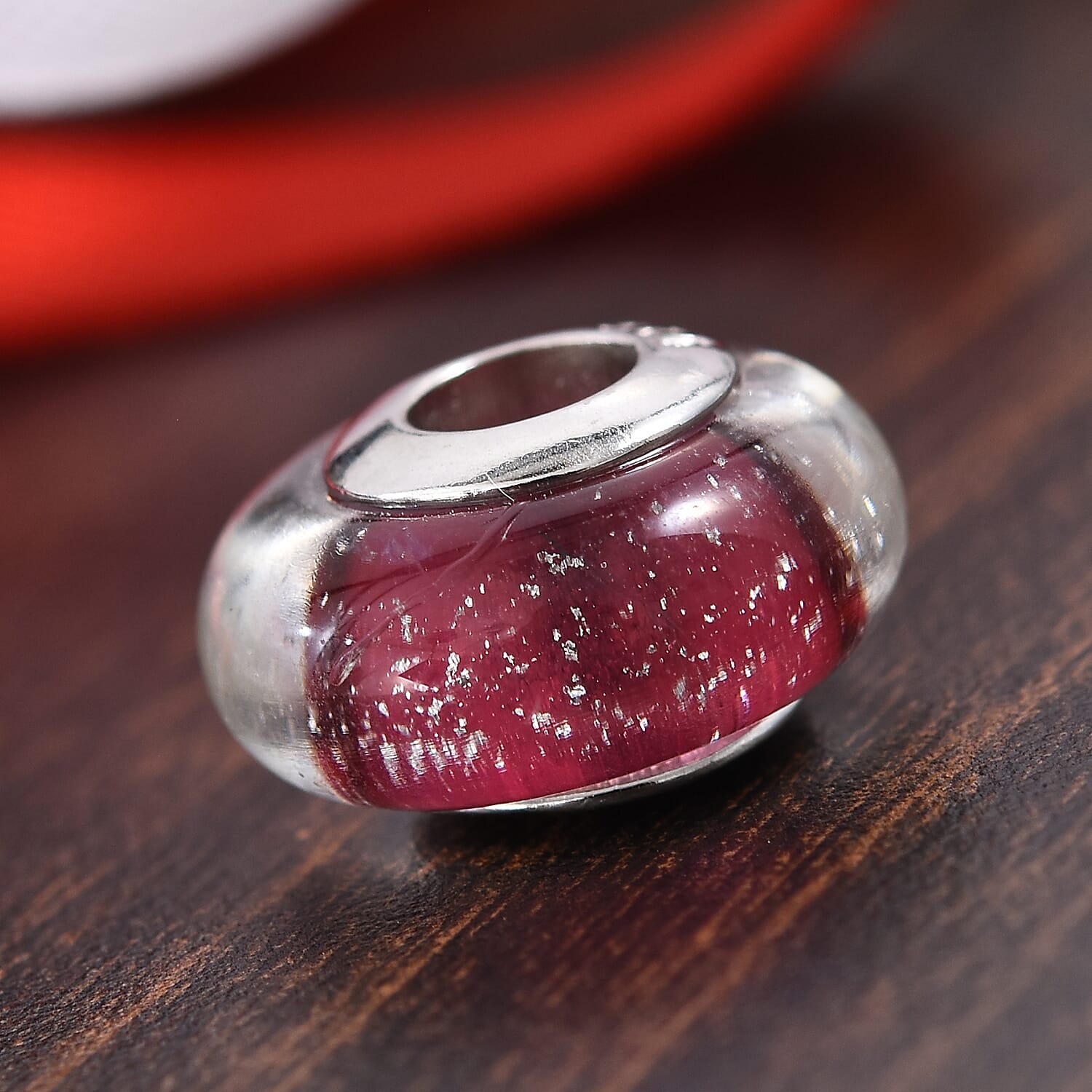 Charmes De Memoire Dark Pink Murano Style Glass Bead Charm in Platinum Overlay Sterling Silver