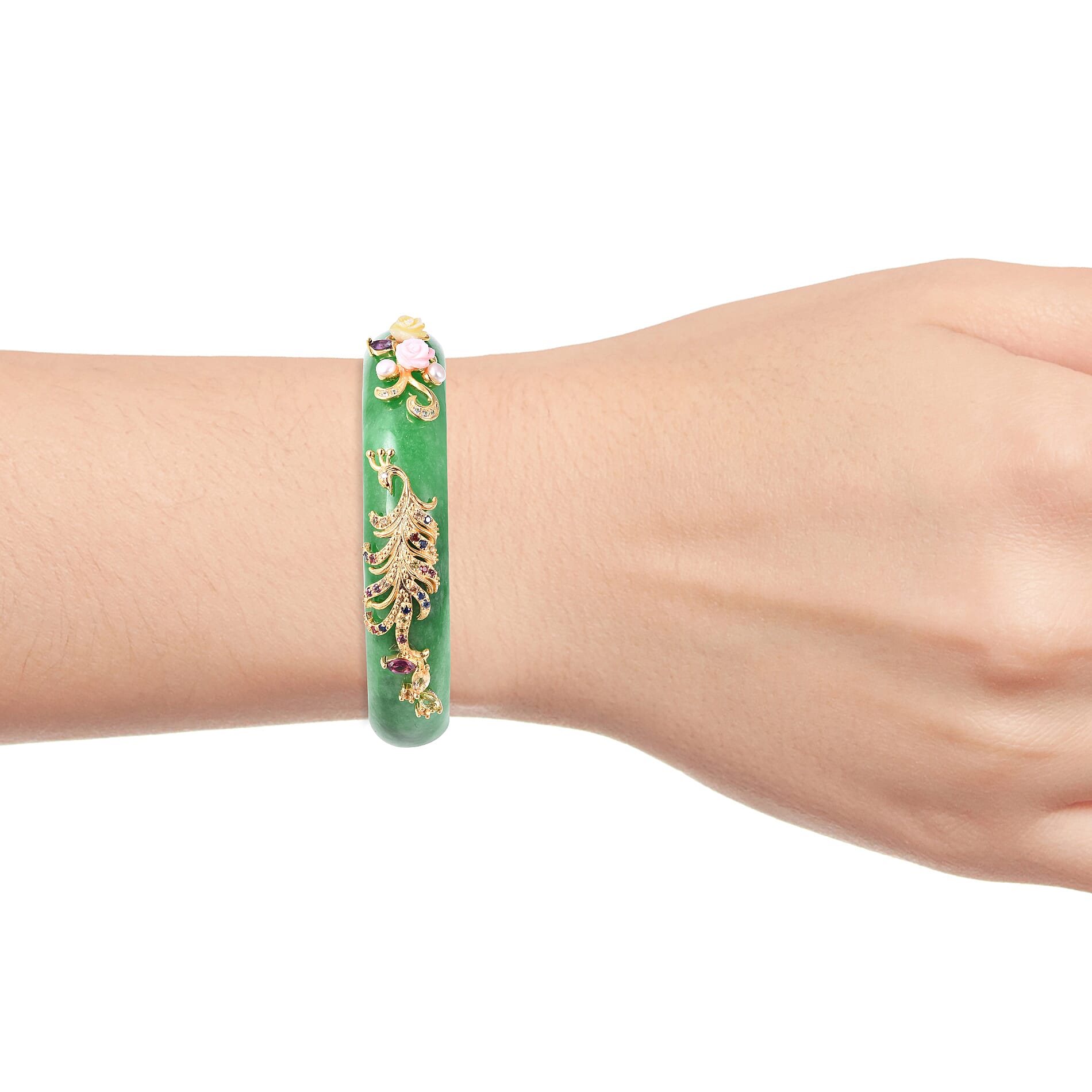 Extremely Rare-Green Jade and Multi Gemstone Peacock and Flower Bangle (Size 7.5) 292.84 Ct, Silver Wt 5.04 Gms