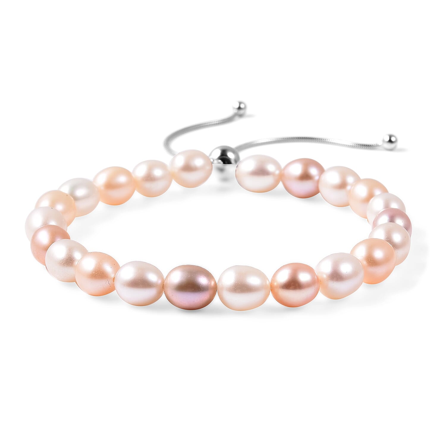 Multi Colour Fresh Water Pearl Bracelet (Size 5-10 Adjustable) in Rhodium Overlay Sterling Silver
