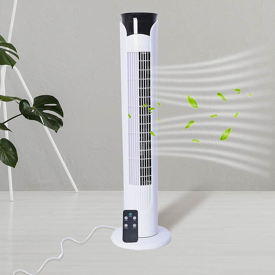 Tower Fan with Remote Control, Temperature LED Display, Twelve Hour Timer and Three Wind Speed Setting (Size 79x13x23 Cm) - White