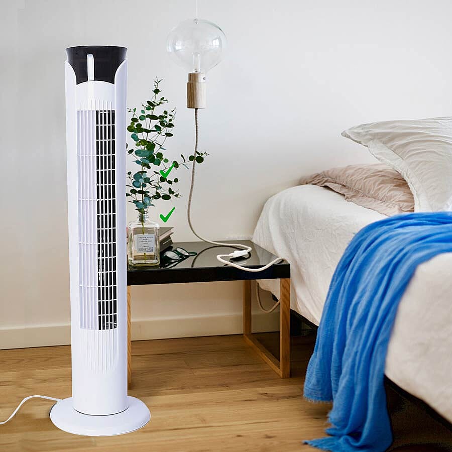Tower Fan with Remote Control, Temperature LED Display, Twelve Hour Timer and Three Wind Speed Setting (Size 79x13x23 Cm) - White