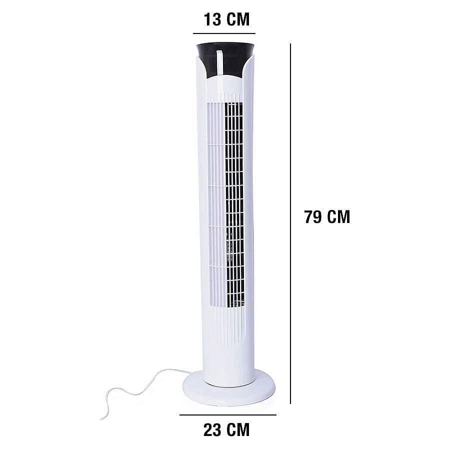Tower Fan with Remote Control, Temperature LED Display, Twelve Hour Timer and Three Wind Speed Setting (Size 79x13x23 Cm) - White