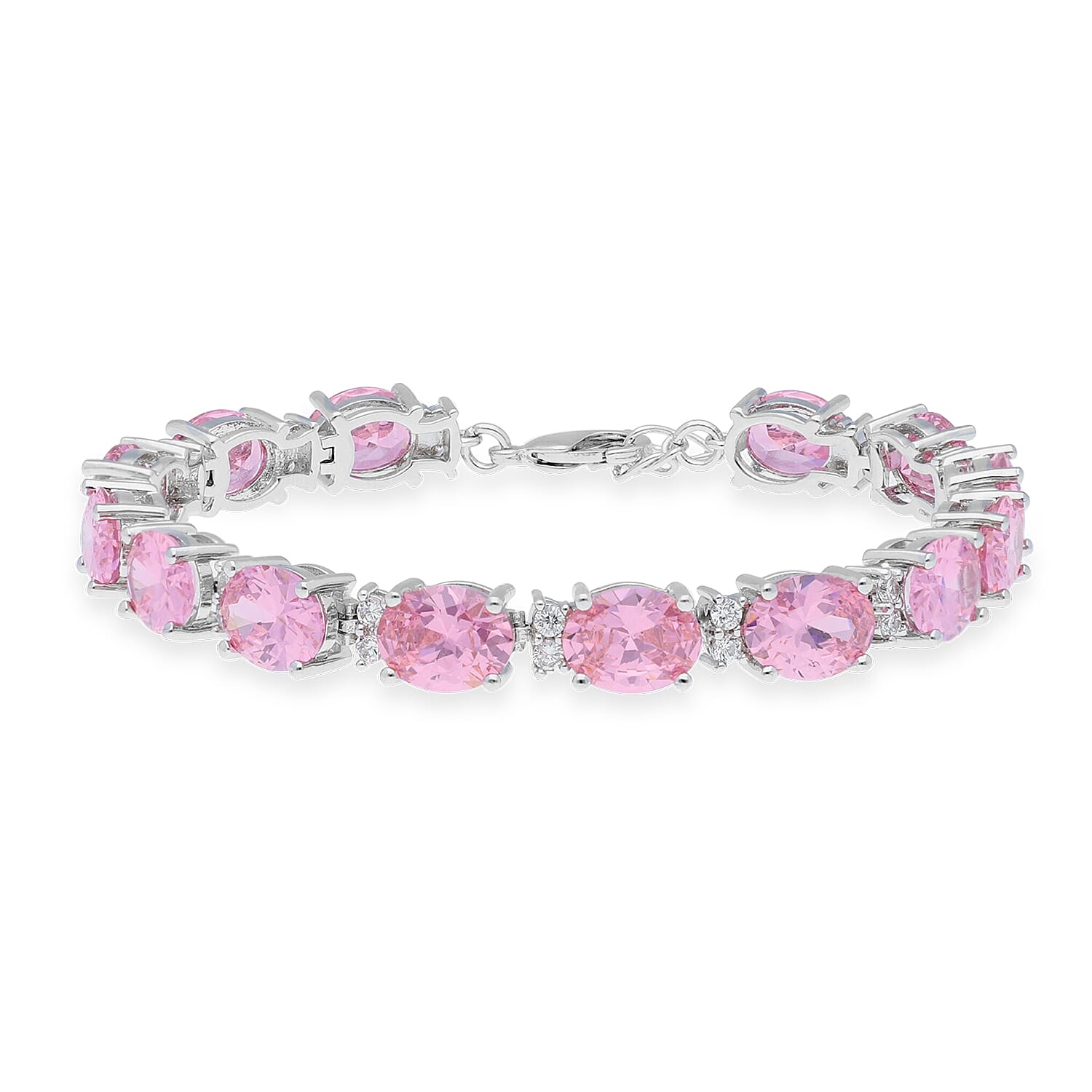 One Time Deal- Simulated Pink Sapphire (Ovl), Simulated Diamond Bracelet (Size 7 with 1 inch Extender) in Silver Plated