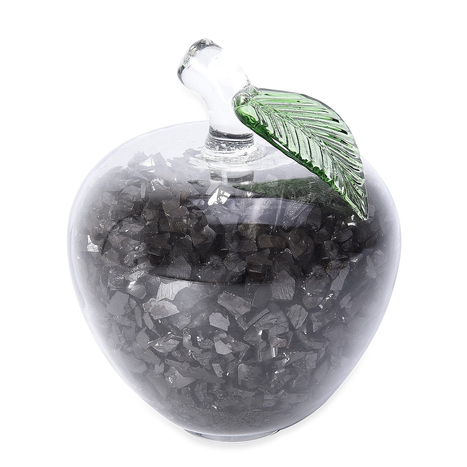 Decorative Shungite Filled Transparent Crystal Apple with Green Leaf  (Size 8x8.8 Cm)