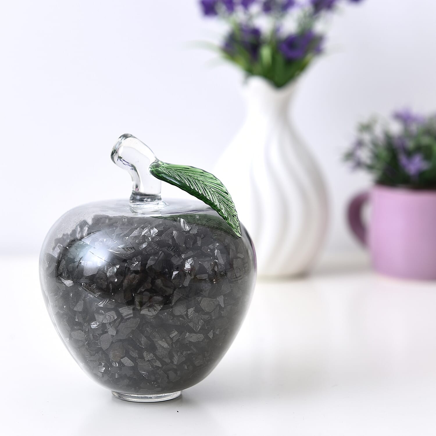 Decorative Shungite Filled Transparent Crystal Apple with Green Leaf  (Size 8x8.8 Cm)