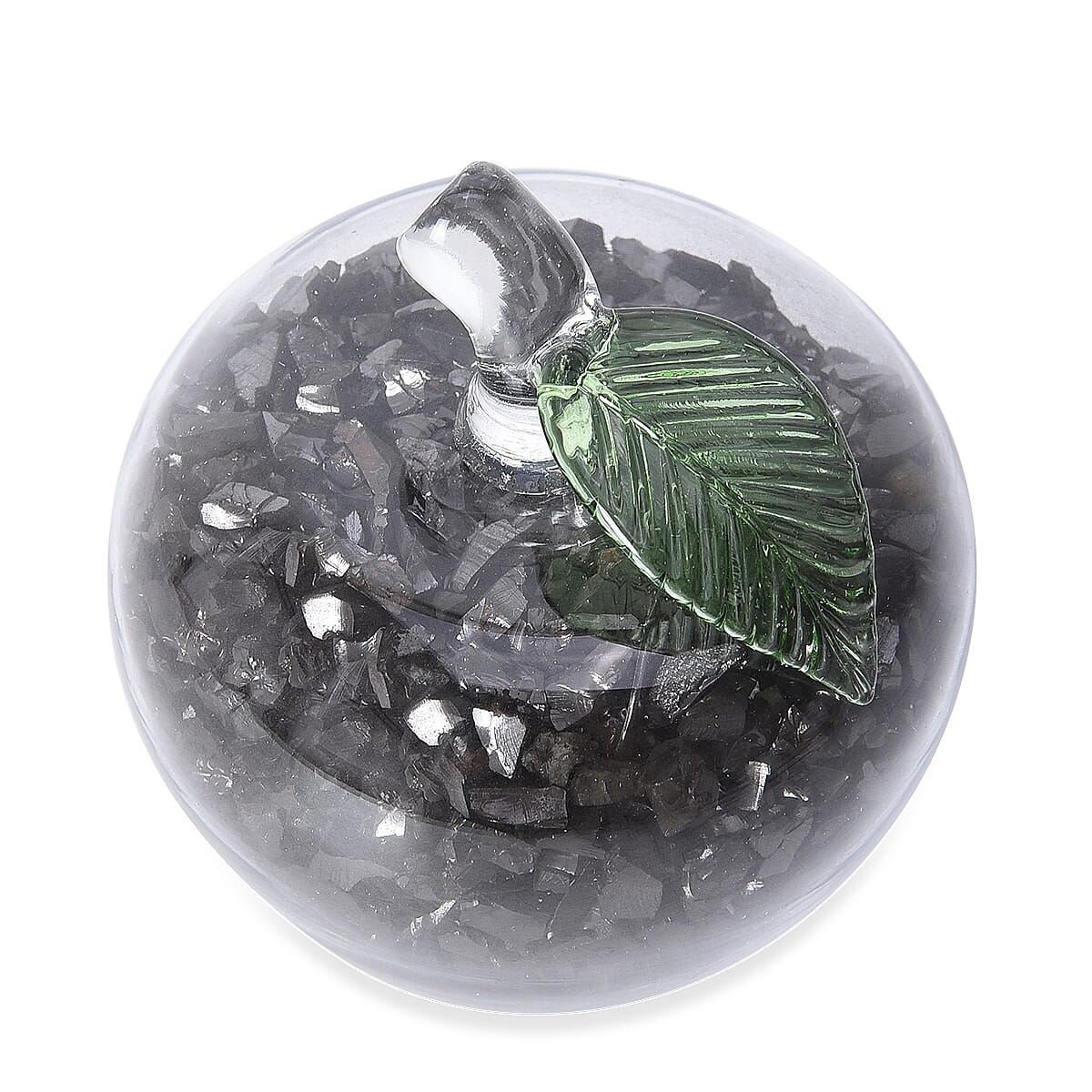 Decorative Shungite Filled Transparent Crystal Apple with Green Leaf  (Size 8x8.8 Cm)