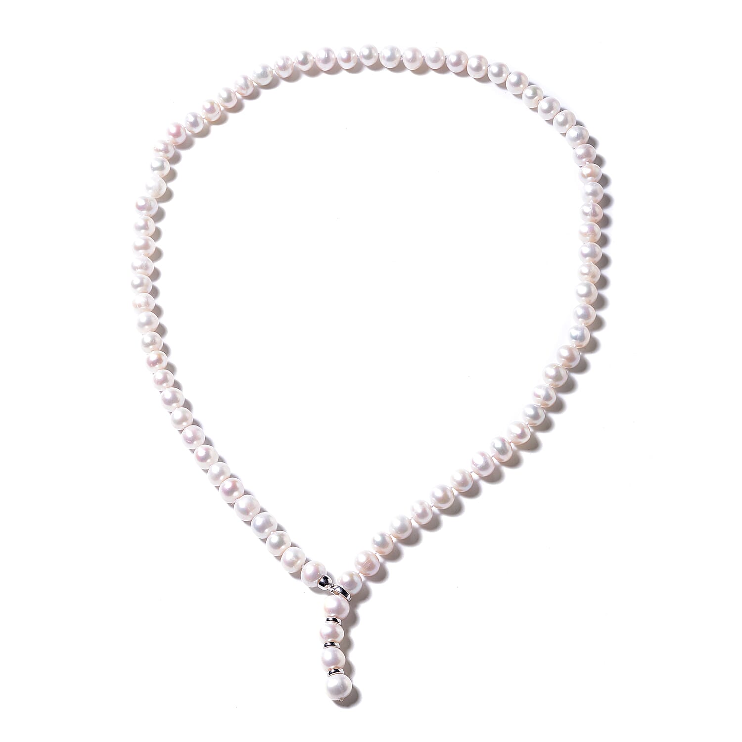 Freshwater Pearl (Rnd) Lariat Necklace (Size 29 Adjustable) in Rhodium Overlay Sterling Silver