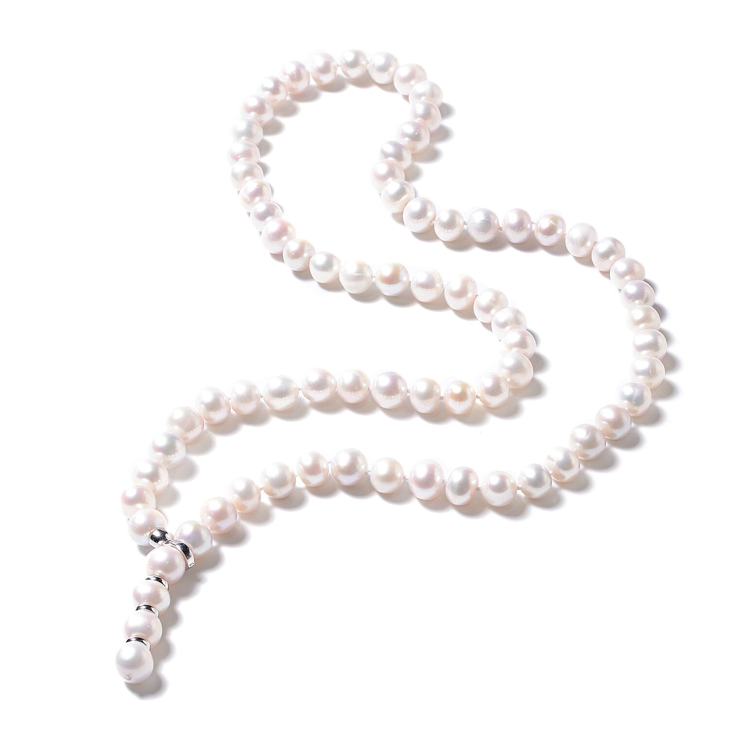 Freshwater Pearl (Rnd) Lariat Necklace (Size 29 Adjustable) in Rhodium Overlay Sterling Silver