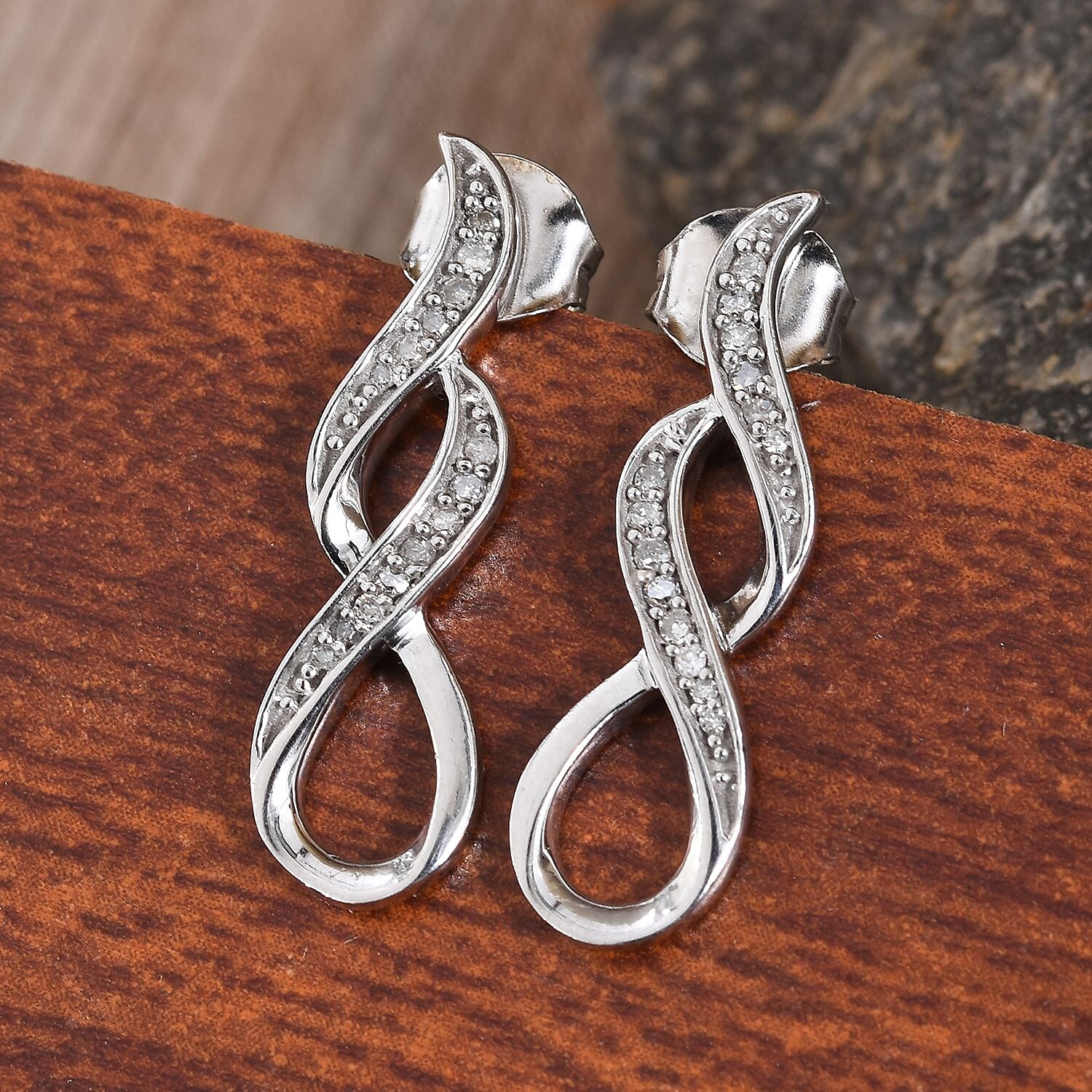 Diamond (Rnd) Infinity Symbol Earrings (with Push Back) in Platinum Overlay Sterling Silver 0.15 Ct.