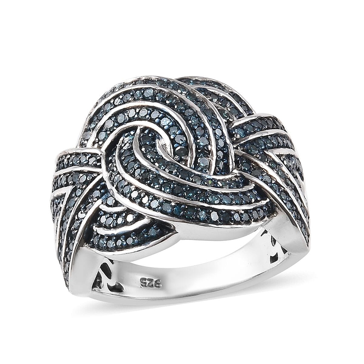 Blue Diamond (Rnd) Knot Ring in Platinum Overlay Sterling Silver 1.00 Ct, Silver wt 7.81 Gms