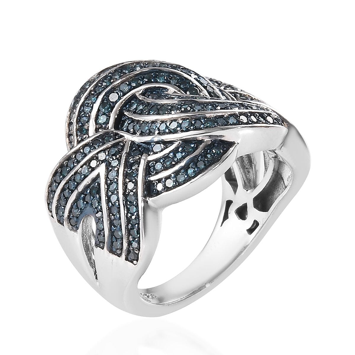 Blue Diamond (Rnd) Knot Ring in Platinum Overlay Sterling Silver 1.00 Ct, Silver wt 7.81 Gms