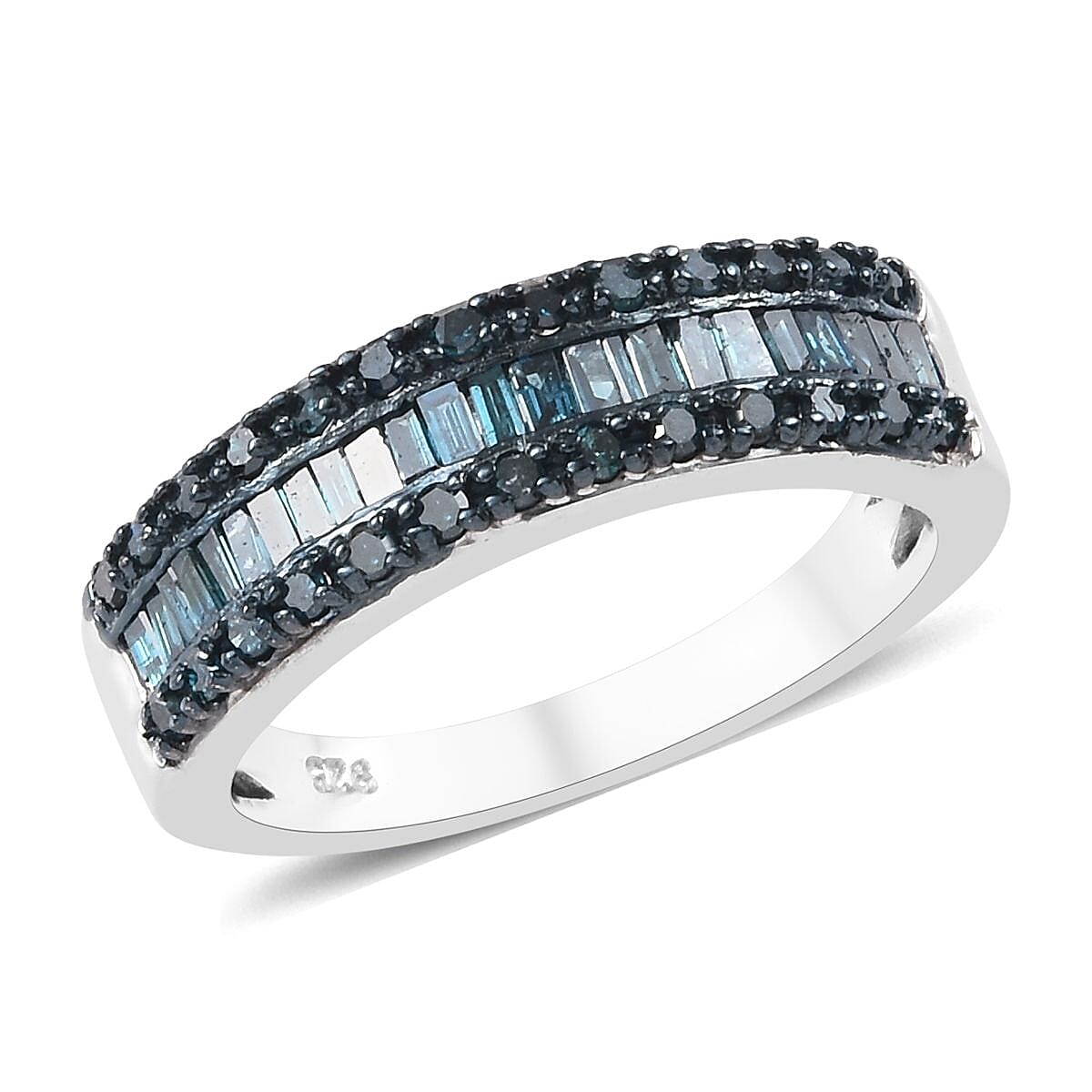 Blue Diamond (Rnd and Bgt) Ring in Platinum Overlay Sterling Silver 0.50 Ct.