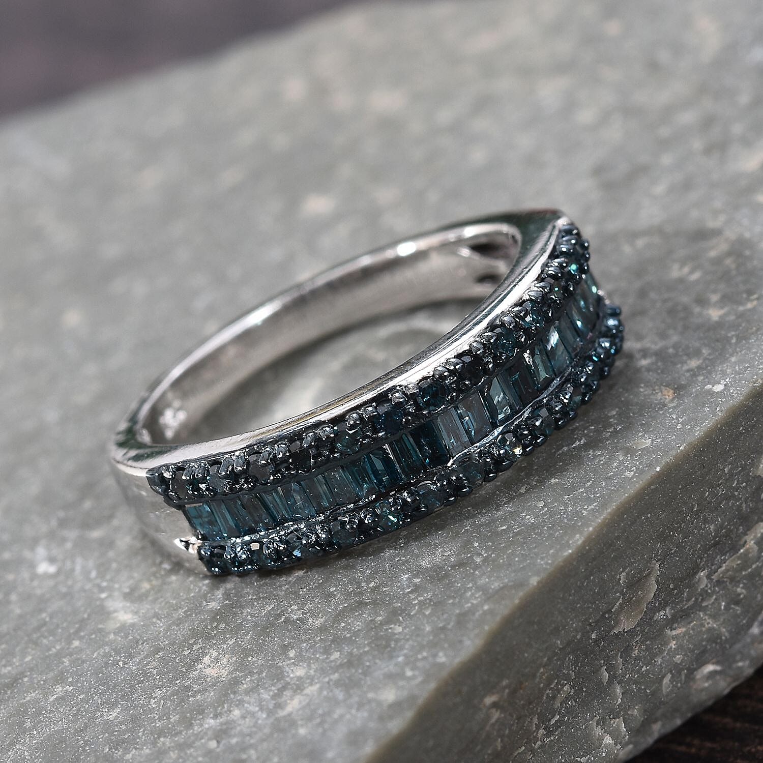 Blue Diamond (Rnd and Bgt) Ring in Platinum Overlay Sterling Silver 0.50 Ct.