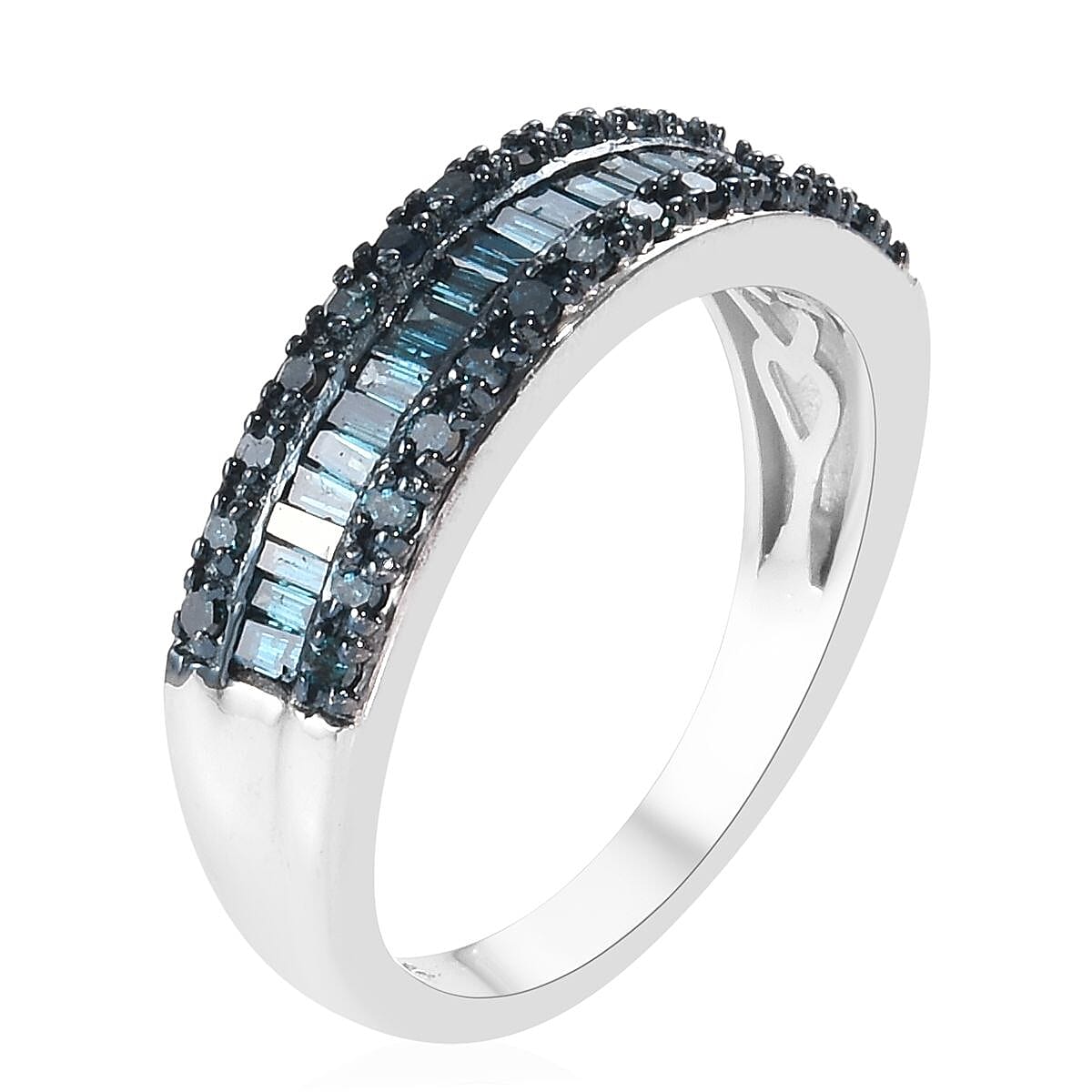Blue Diamond (Rnd and Bgt) Ring in Platinum Overlay Sterling Silver 0.50 Ct.