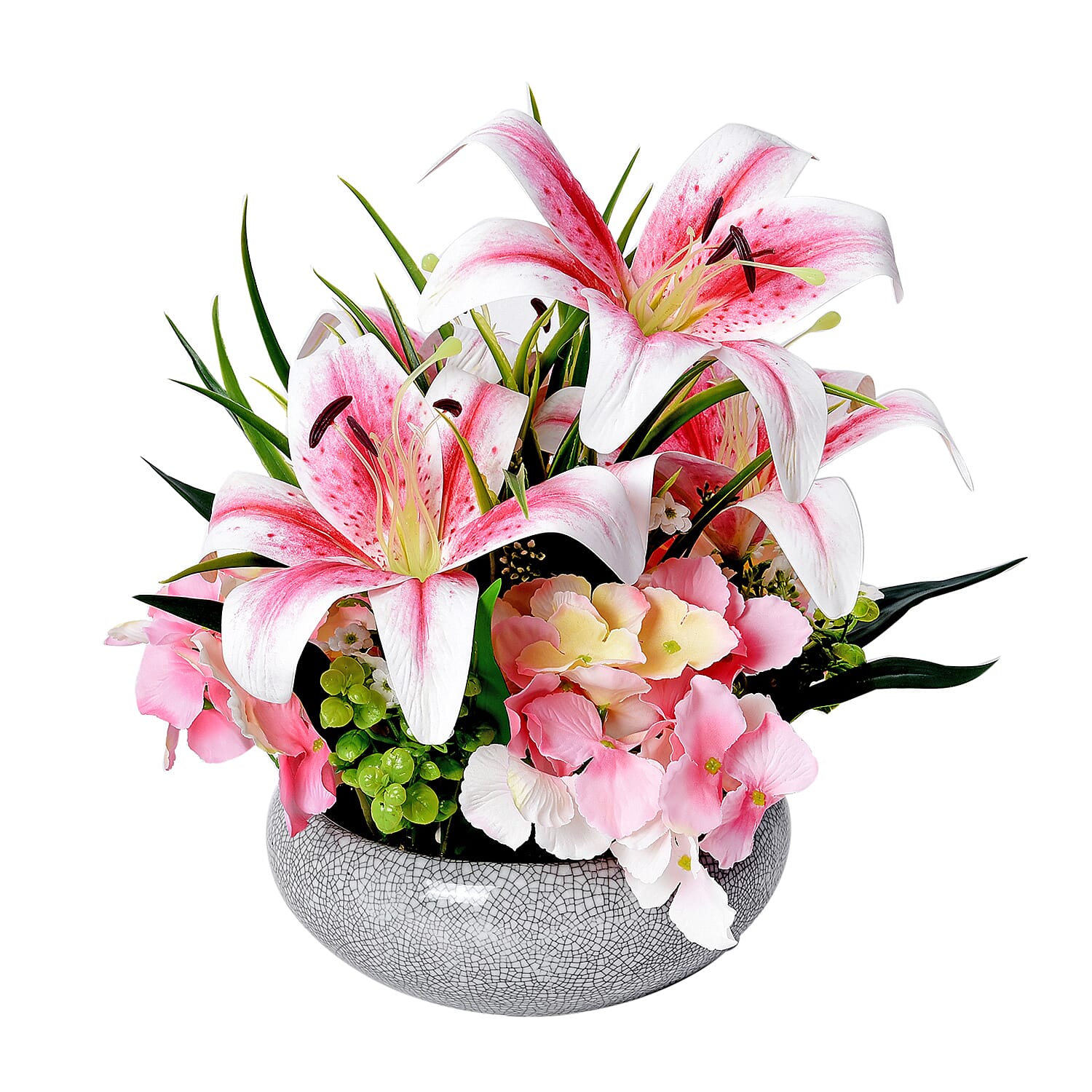 4 Heads Lily and 3 Heads Hydrangea Decorative Flower Arrangement in Ceramic Pot (Height: 40Cm) - Pink