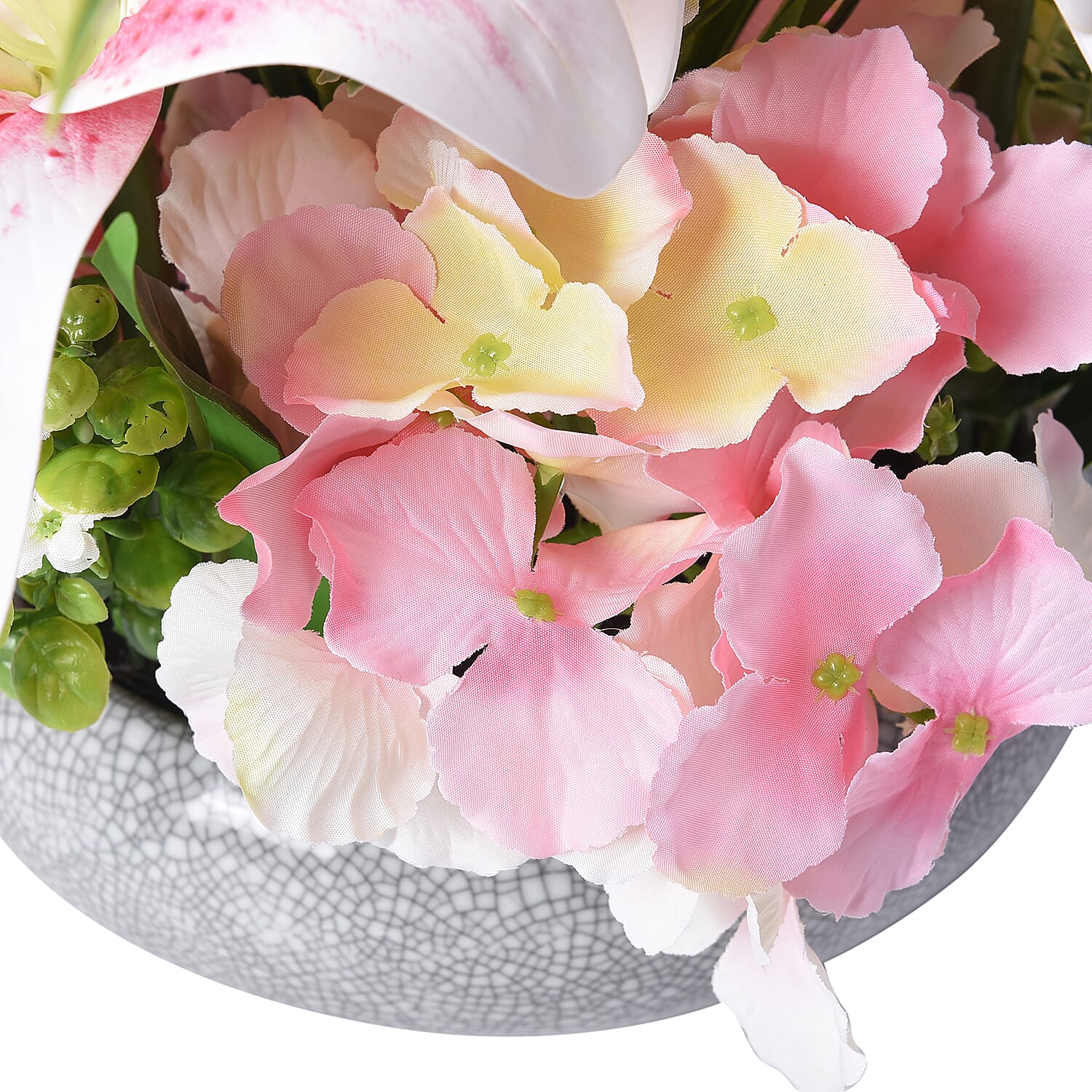 4 Heads Lily and 3 Heads Hydrangea Decorative Flower Arrangement in Ceramic Pot (Height: 40Cm) - Pink