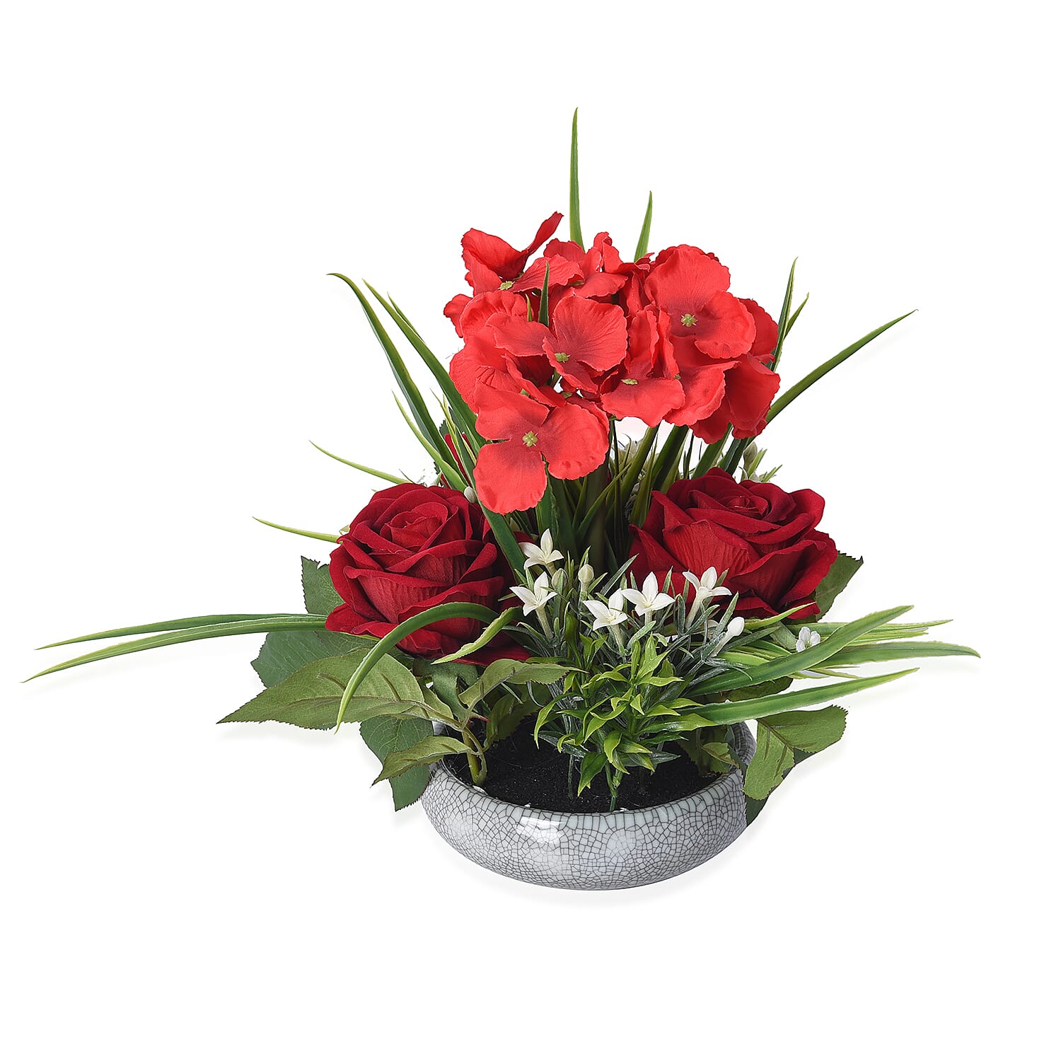 1 Head Hydrangea and 3 Heads Roses Decorative Flower Arrangement in Ceramic Pot (Height: 30Cm) - Rose Red