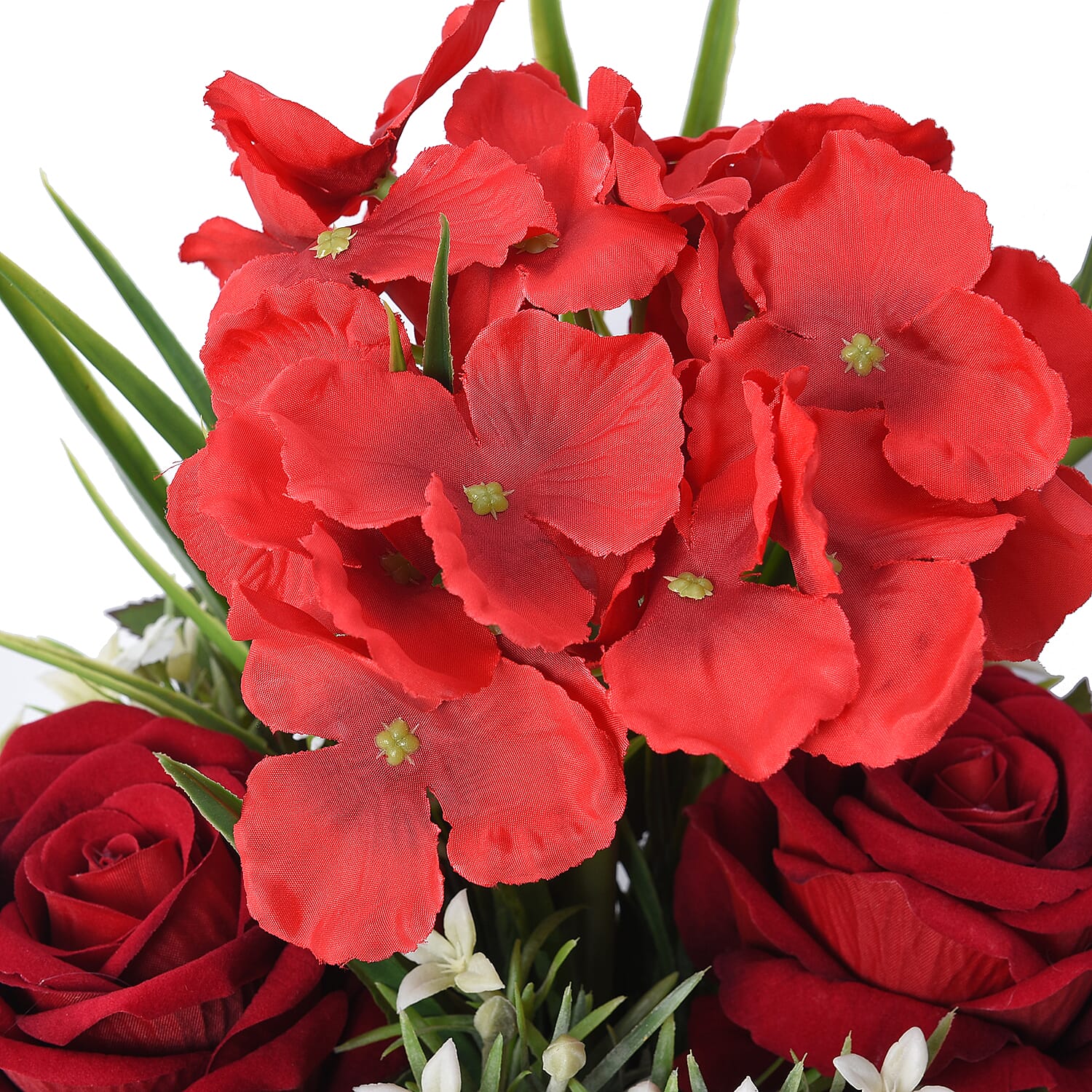 1 Head Hydrangea and 3 Heads Roses Decorative Flower Arrangement in Ceramic Pot (Height: 30Cm) - Rose Red