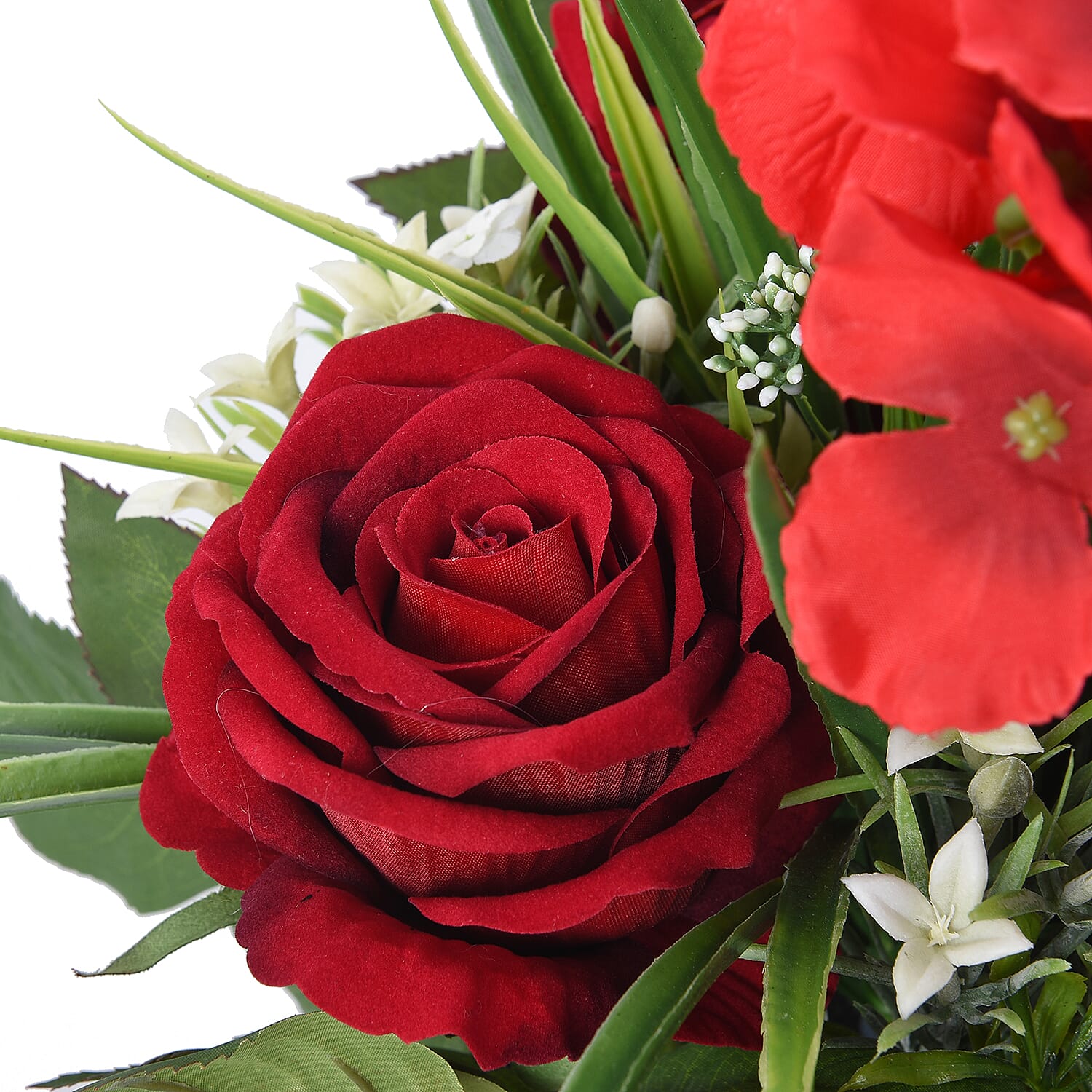 1 Head Hydrangea and 3 Heads Roses Decorative Flower Arrangement in Ceramic Pot (Height: 30Cm) - Rose Red