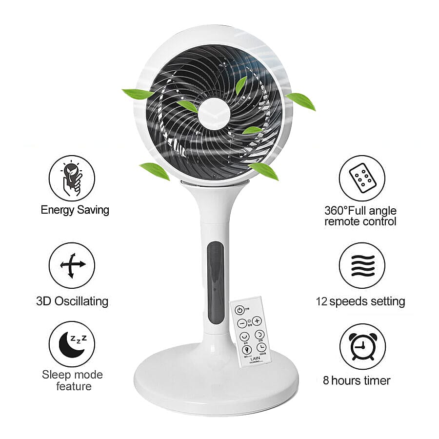 3D Oscillating Fan with Remote Control, With 12 Speed Settings - Colour: Black and White