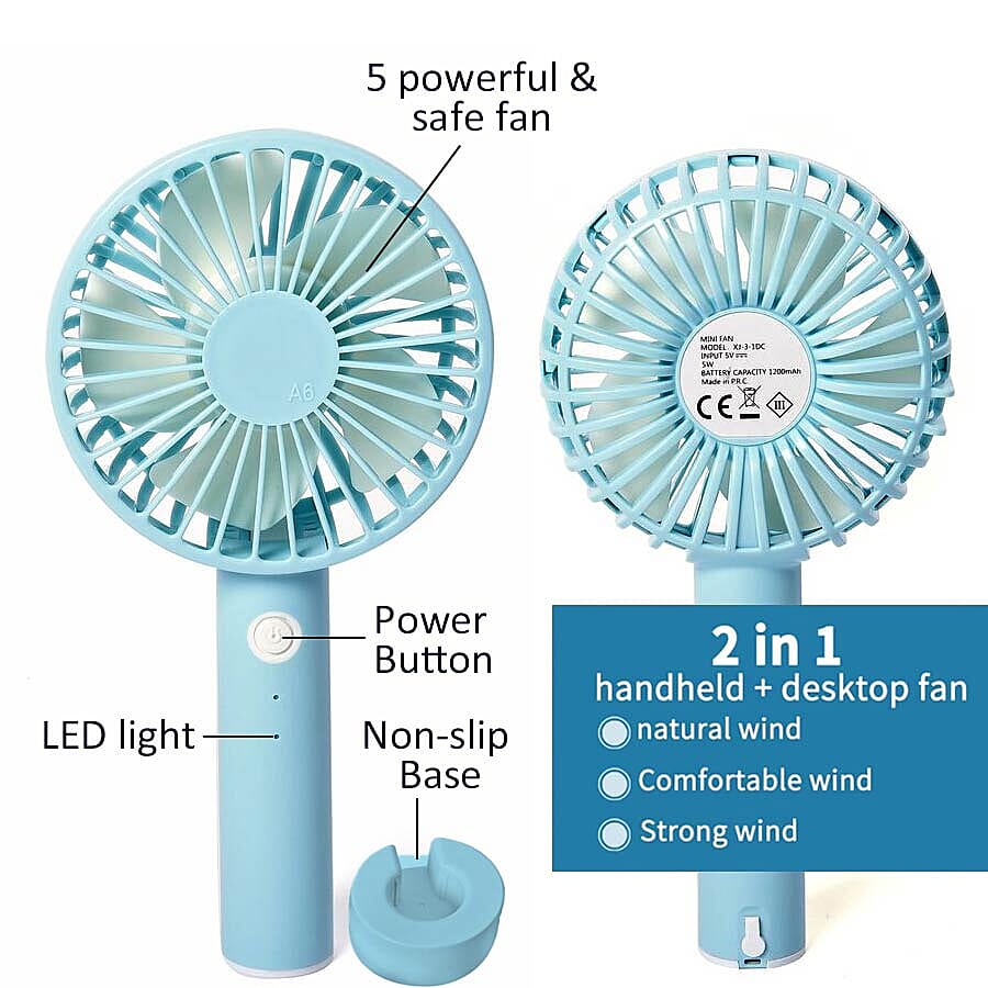 Rechargeable Compact Fan with Three Speed Settings (Size 10.5x22.1x4.2  Cm) -  Light Blue