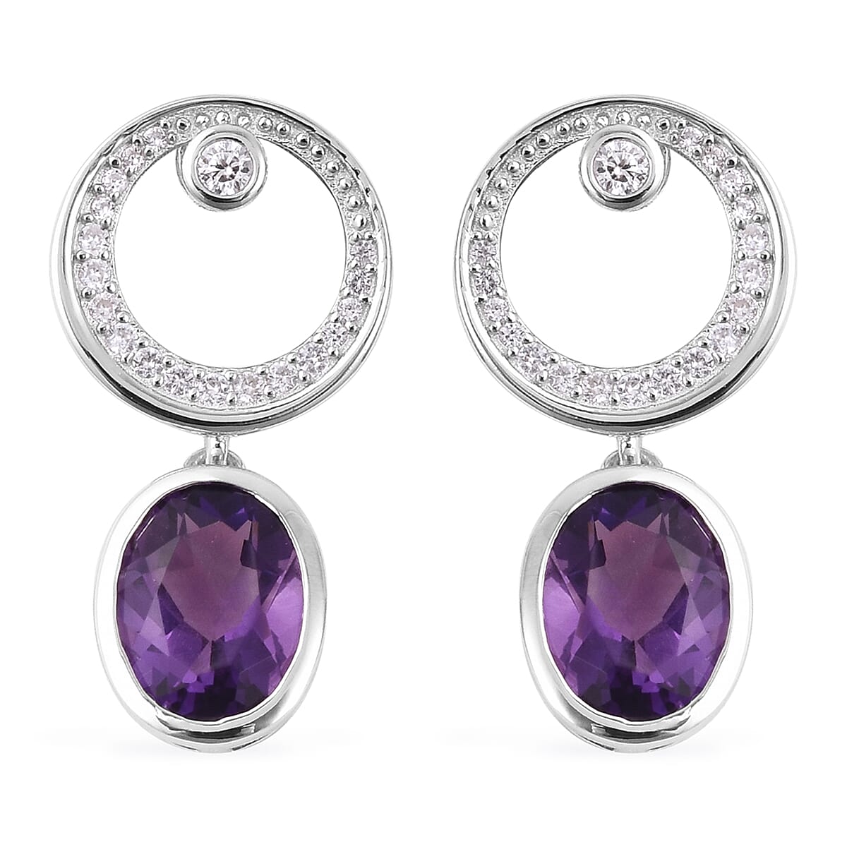Isabella Liu - Twilight Collection - Lusaka Amethyst (Ovl), Natural White Cambodian Zircon Earrings (with Push Back) in Rhodium Overlay Sterling Silver 4.520 Ct