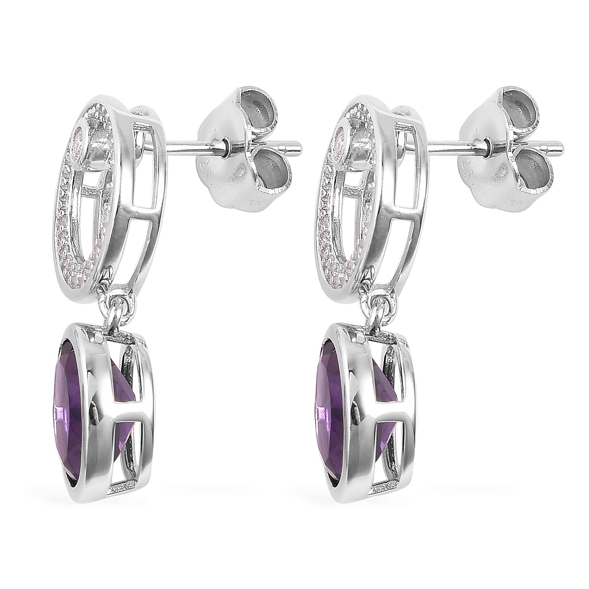 Isabella Liu - Twilight Collection - Lusaka Amethyst (Ovl), Natural White Cambodian Zircon Earrings (with Push Back) in Rhodium Overlay Sterling Silver 4.520 Ct