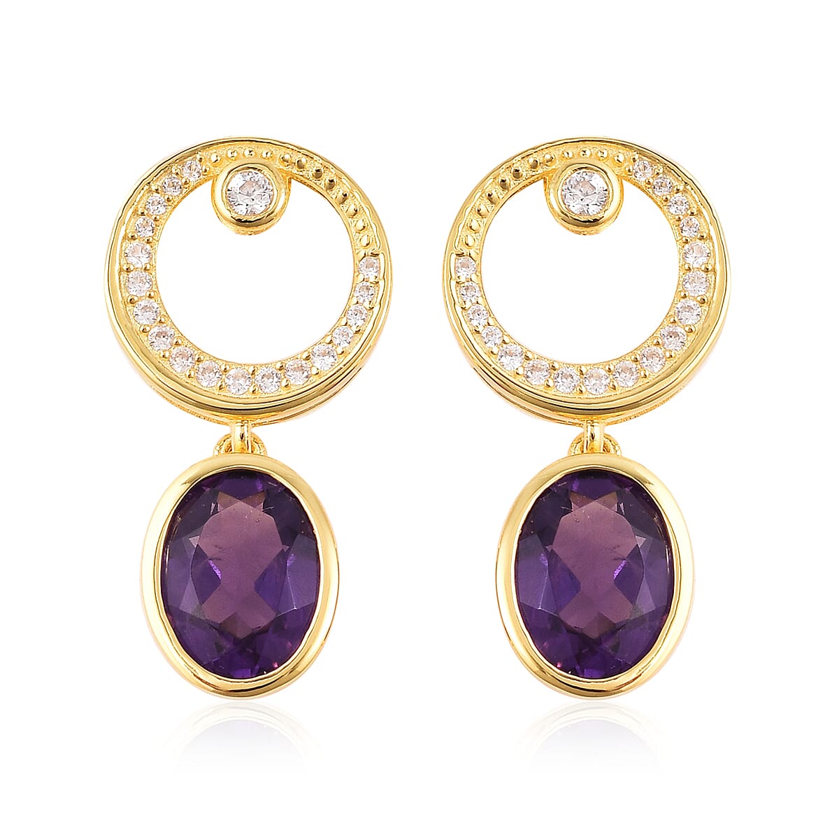 Isabella Liu - Twilight Collection - Lusaka Amethyst (Ovl), Natural White Cambodian Zircon Earrings (with Push Back) in Yellow Gold Overlay Sterling Silver 4.520 Ct