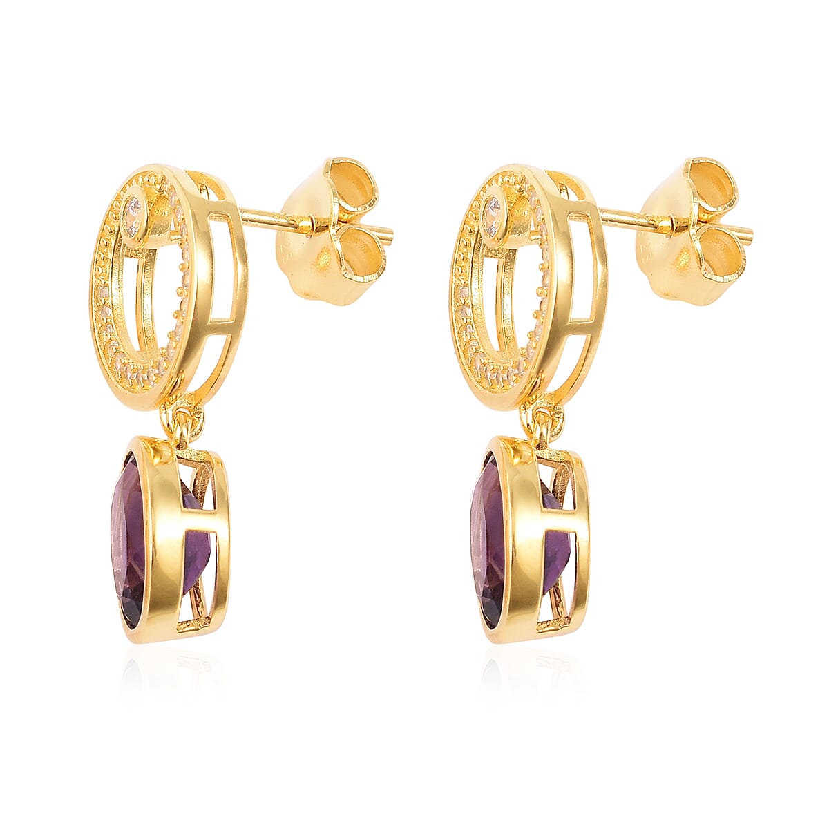 Isabella Liu - Twilight Collection - Lusaka Amethyst (Ovl), Natural White Cambodian Zircon Earrings (with Push Back) in Yellow Gold Overlay Sterling Silver 4.520 Ct