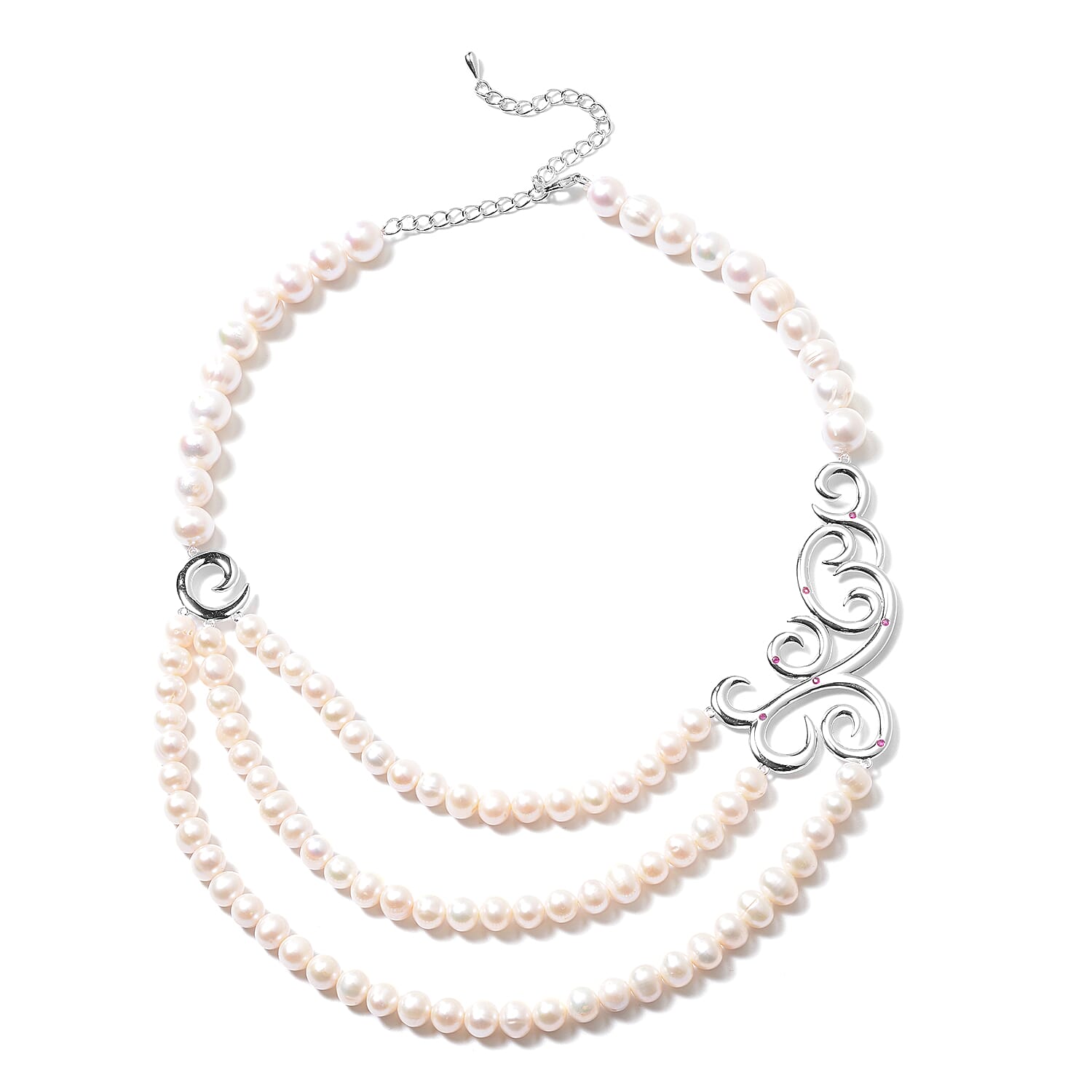 LucyQ Swirl Collection - Freshwater White Pearl and African Ruby (FF) Swirl Design Three Strand Necklace (Size 16 with 4 inch Extender) in Rhodium Overlay Sterling Silver