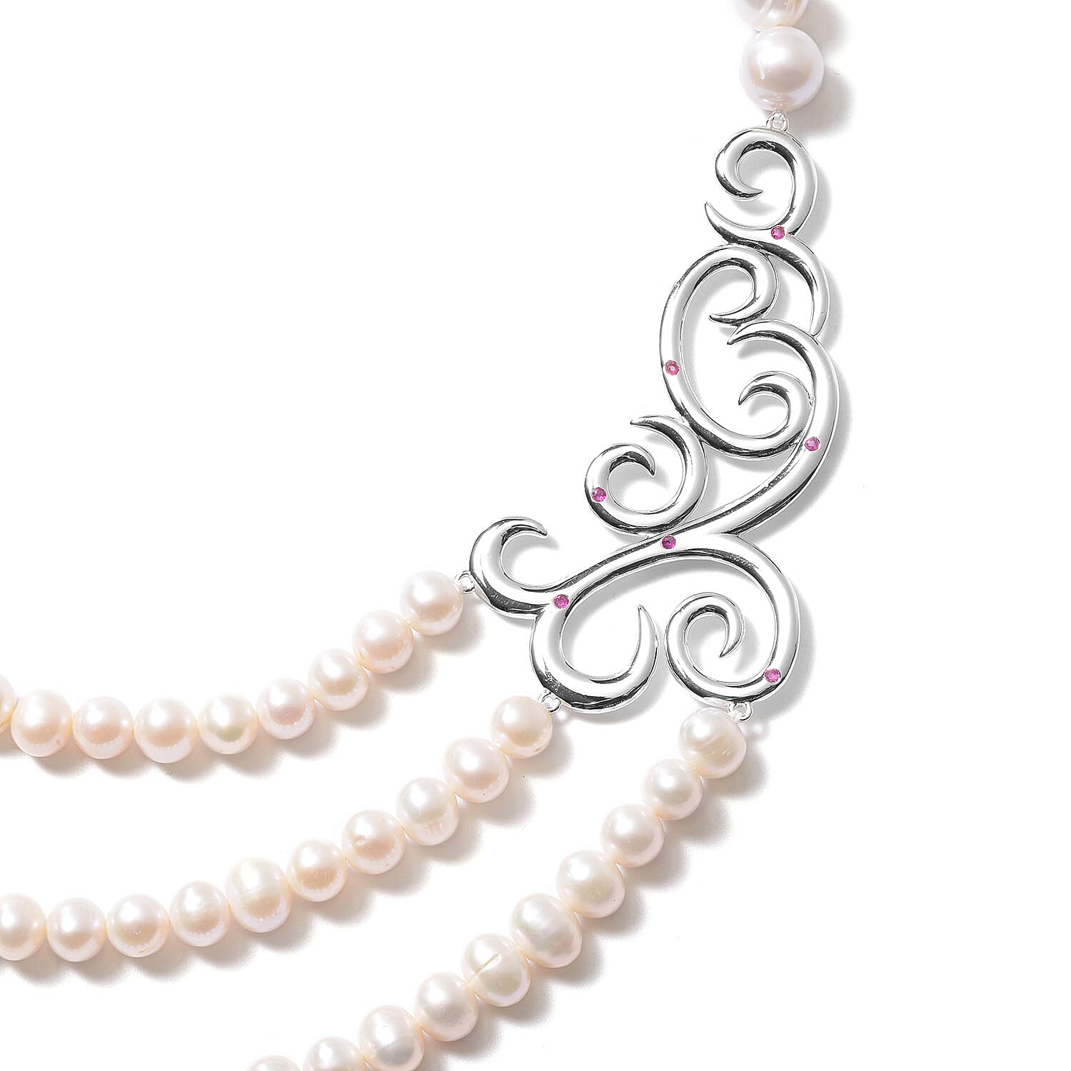 LucyQ Swirl Collection - Freshwater White Pearl and African Ruby (FF) Swirl Design Three Strand Necklace (Size 16 with 4 inch Extender) in Rhodium Overlay Sterling Silver