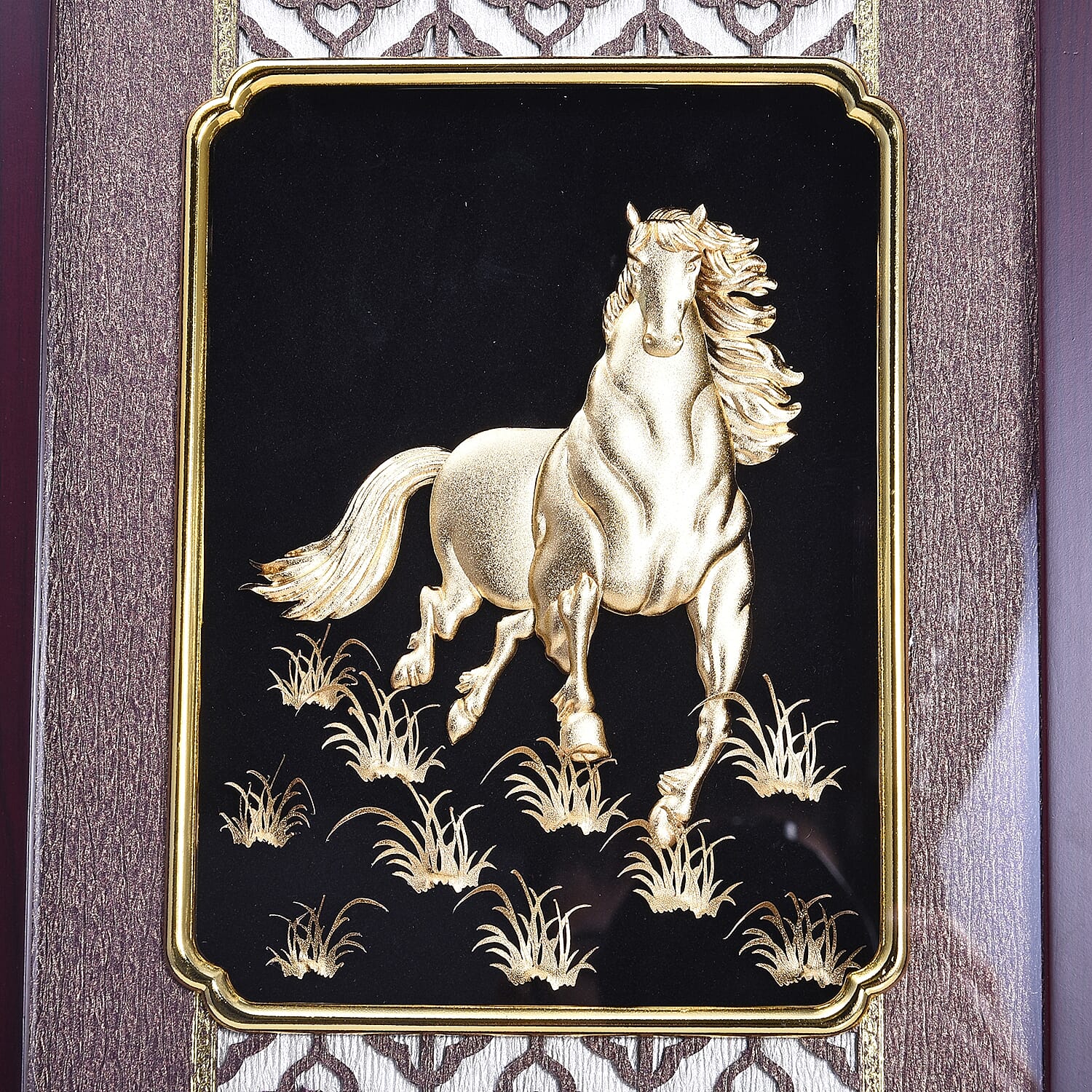 Home Decor - 24K Gold Plated Horse Wooden Frame (Size 27x34 Cm)
