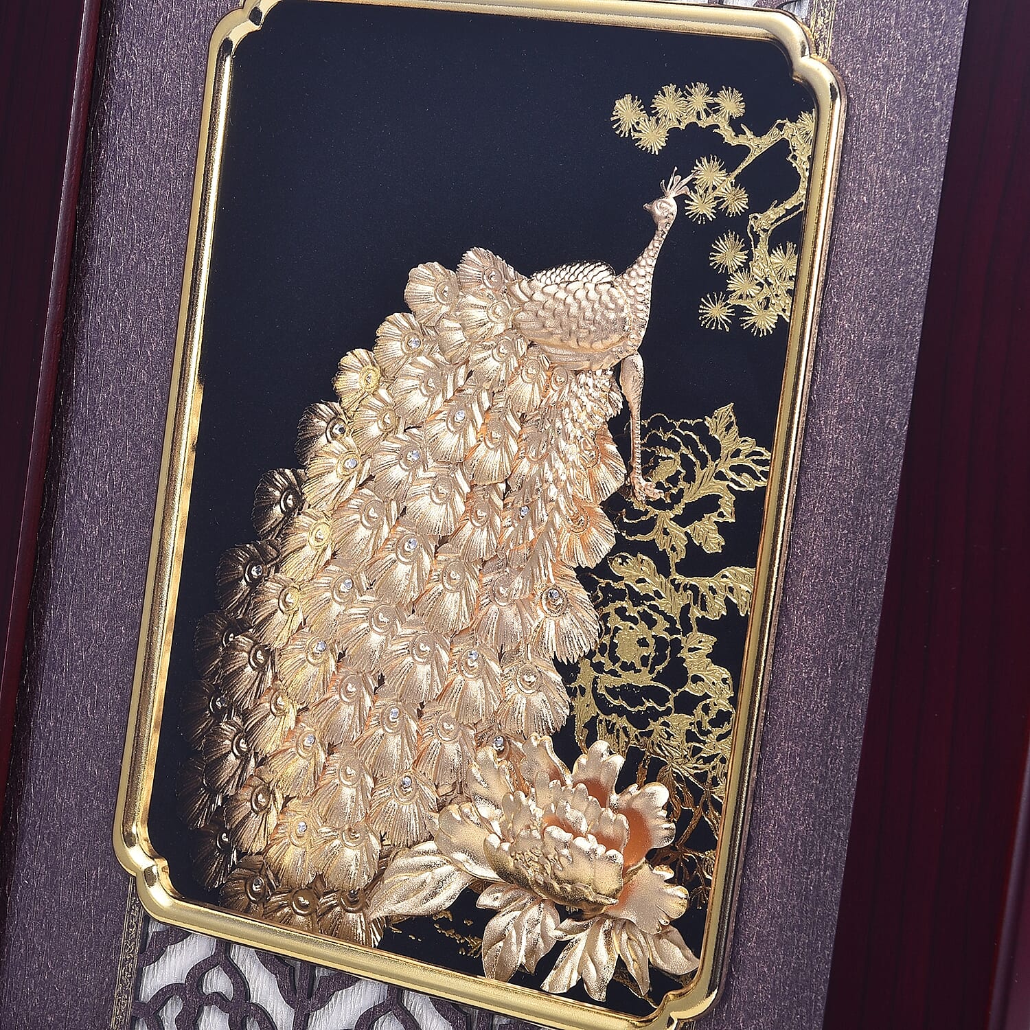 Home Decor - 24K Gold Plated Peacock Wooden Frame (Size 27x34 Cm)