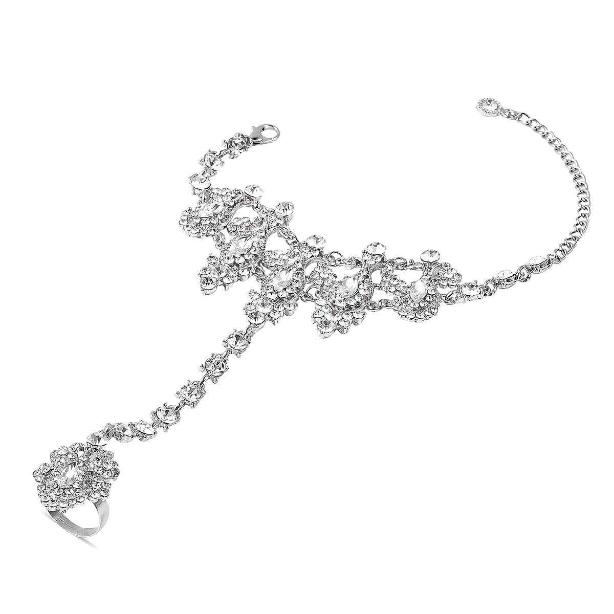 Simulated Diamond (Mrq) and White Austrian Crystal Bracelet/Ring (Size 6 with 3 inch Extender)