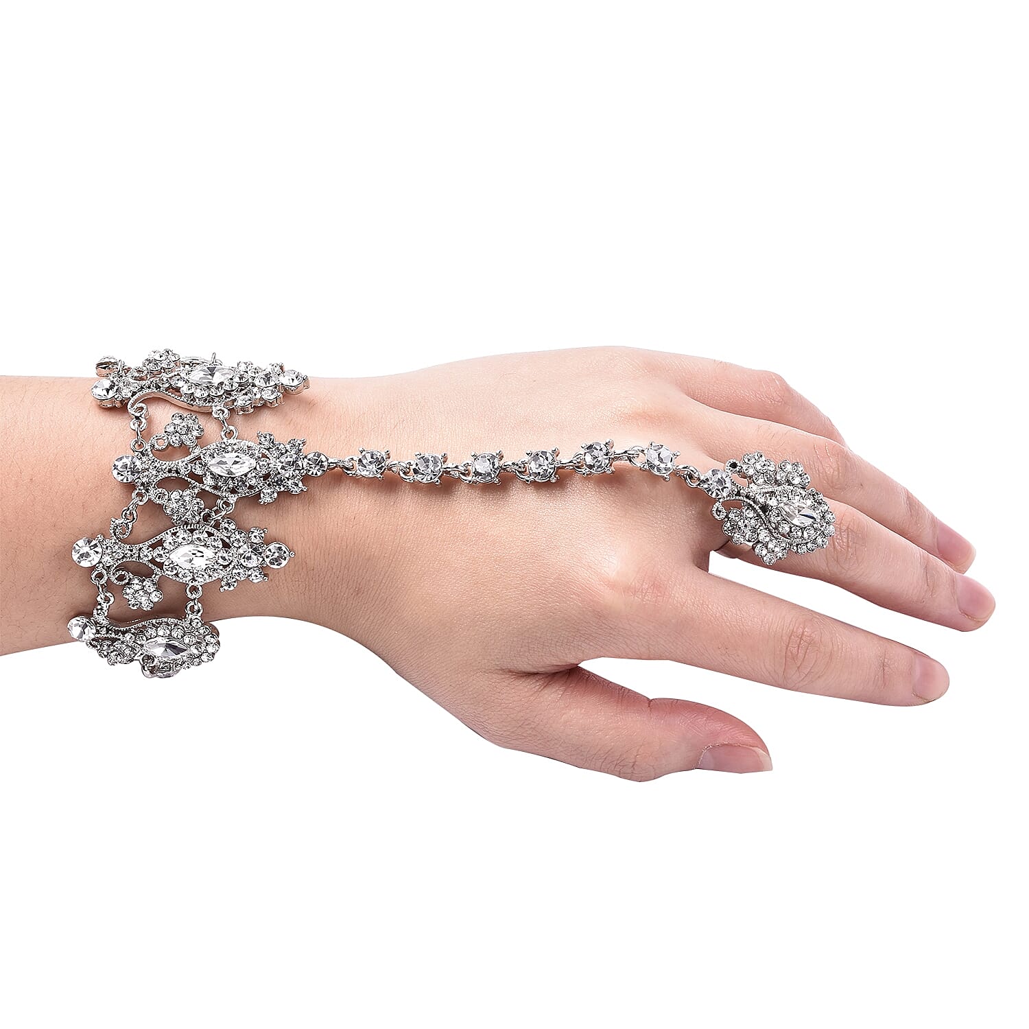 Simulated Diamond (Mrq) and White Austrian Crystal Bracelet/Ring (Size 6 with 3 inch Extender)