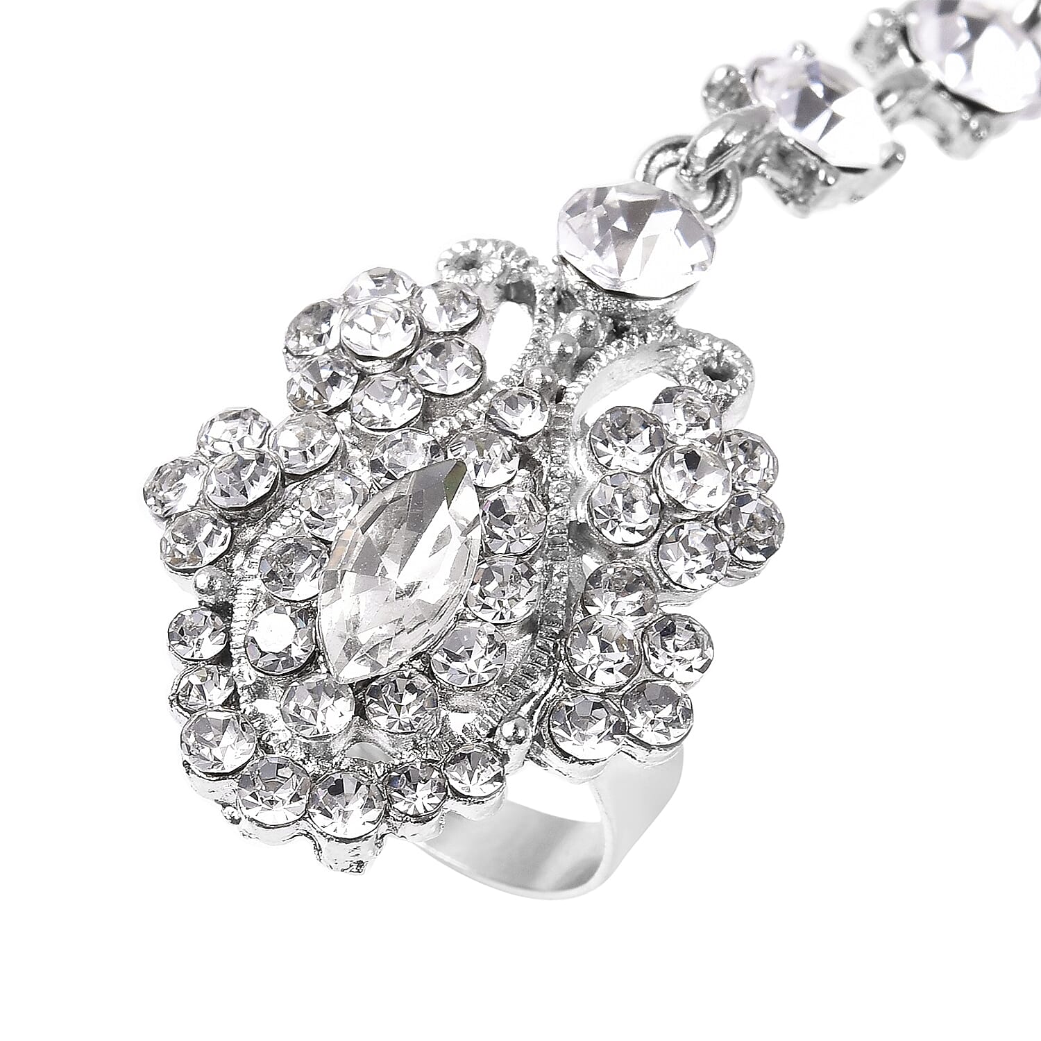Simulated Diamond (Mrq) and White Austrian Crystal Bracelet/Ring (Size 6 with 3 inch Extender)