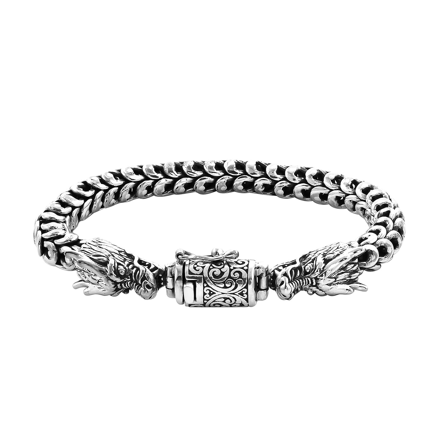 Royal Bali Collection - Sterling Silver Double Dragon Head Snake Chain Bracelet (Size 6.75), Silver wt 51.50 Gms