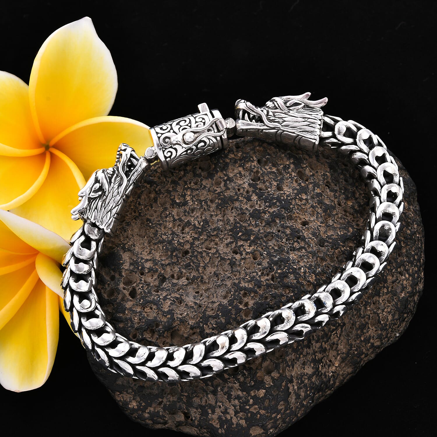 Royal Bali Collection - Sterling Silver Double Dragon Head Snake Chain Bracelet (Size 6.75), Silver wt 51.50 Gms