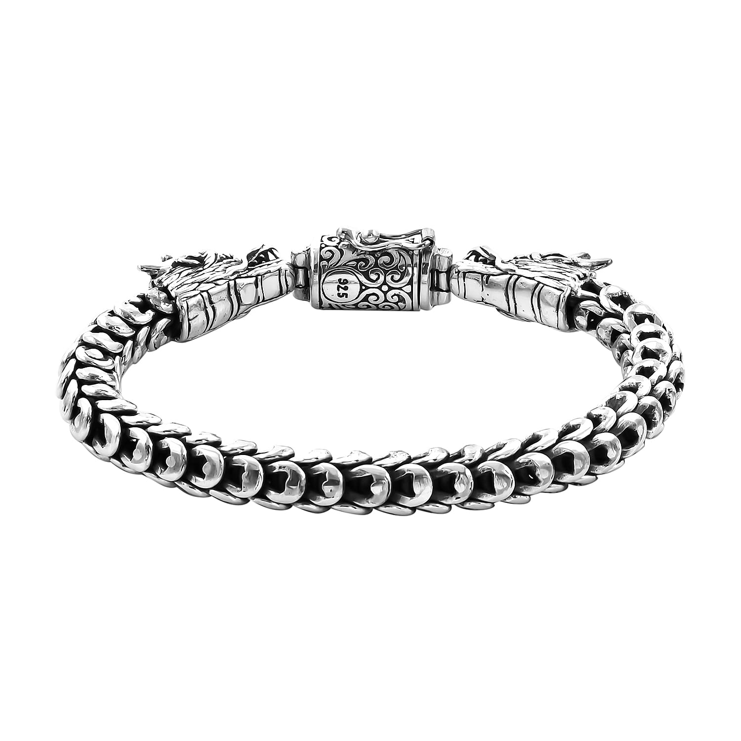 Royal Bali Collection - Sterling Silver Double Dragon Head Snake Chain Bracelet (Size 6.75), Silver wt 51.50 Gms
