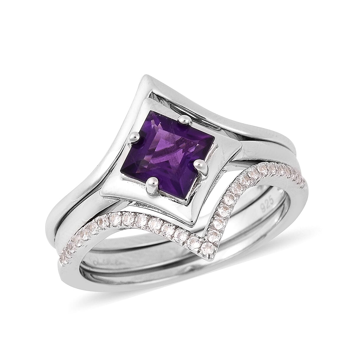 Set of 2 - Isabella Liu - Twilight Collection - Lusaka Amethyst and Natural White Cambodian Zircon Ring in Rhodium Overlay Sterling Silver, Silver wt 5.17 Gms