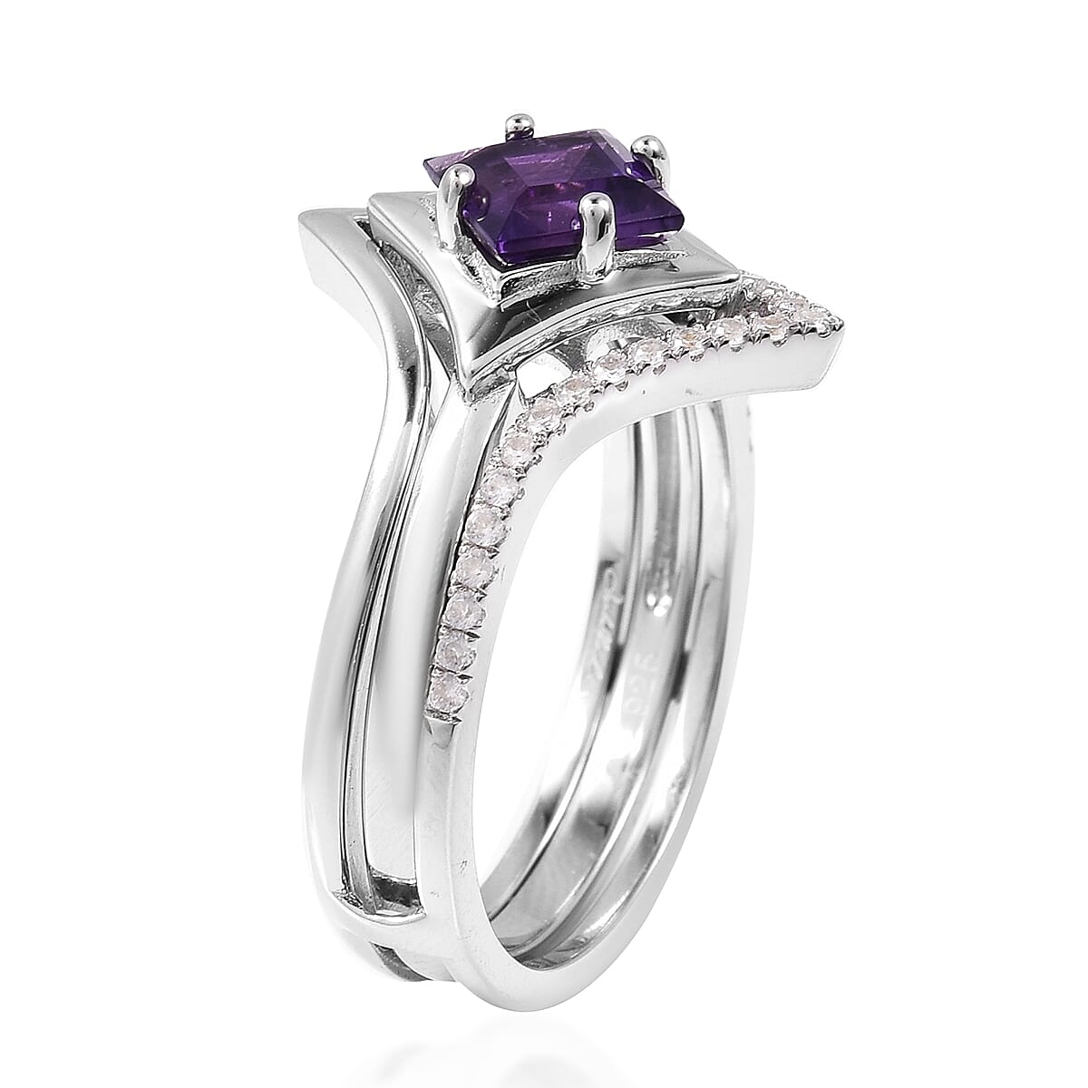 Set of 2 - Isabella Liu - Twilight Collection - Lusaka Amethyst and Natural White Cambodian Zircon Ring in Rhodium Overlay Sterling Silver, Silver wt 5.17 Gms