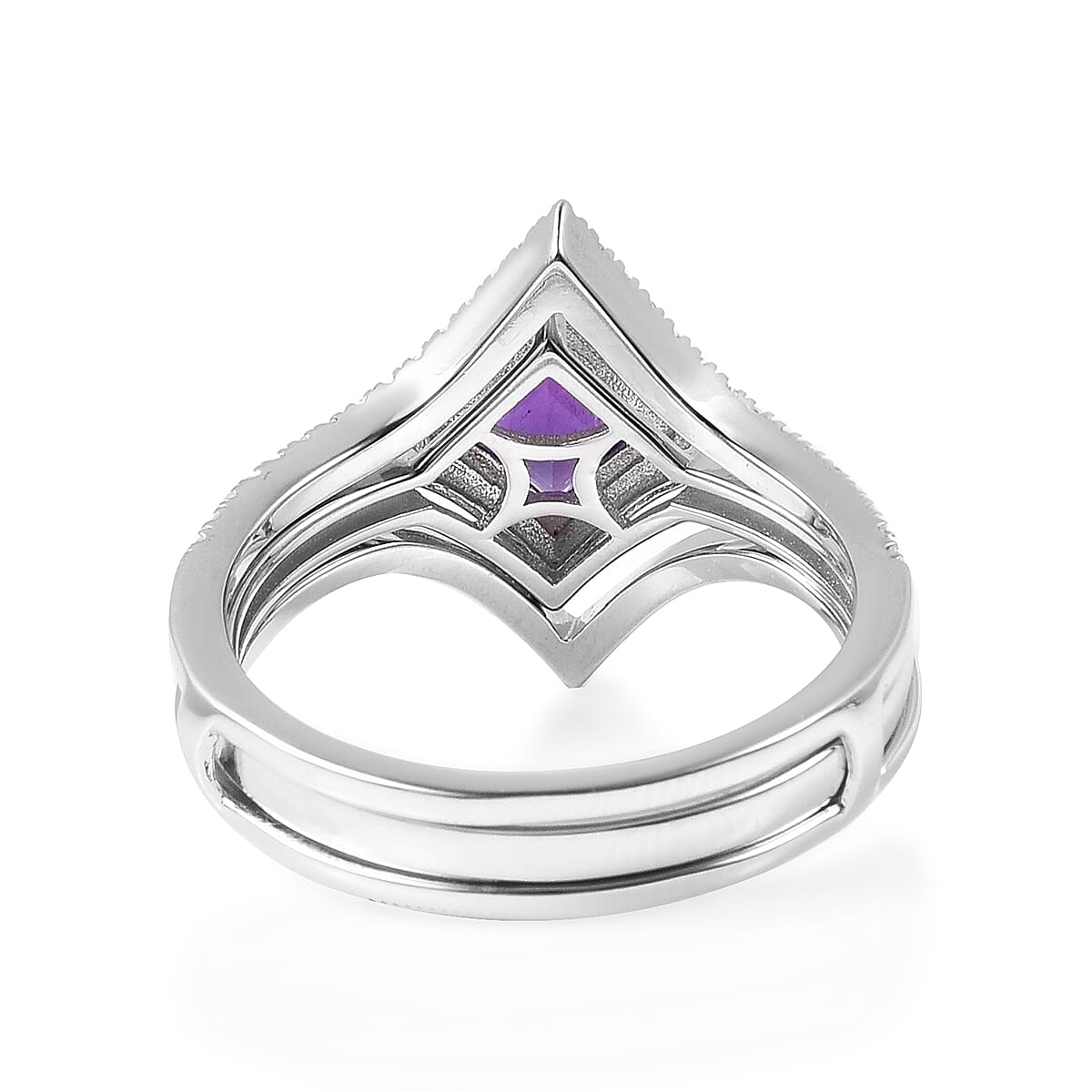 Set of 2 - Isabella Liu - Twilight Collection - Lusaka Amethyst and Natural White Cambodian Zircon Ring in Rhodium Overlay Sterling Silver, Silver wt 5.17 Gms