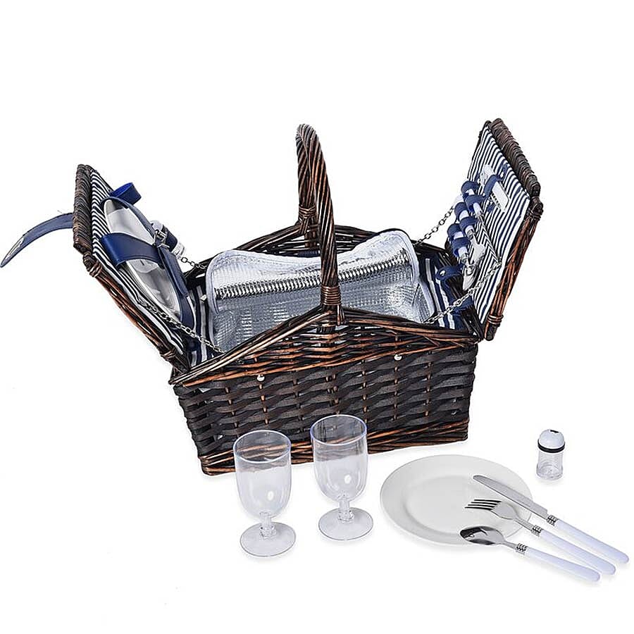 Blue & White Striped Inside Picnic Basket for 2 People (Includes 2 x Ceramic plates, 2 x Goblets, 2 x Knife, 2 x Fork, 2 x Spoon, 1 handle Opener, 1 Salt Shaker  and 1 Pepper Shaker) (Size 32x32x20Cm)