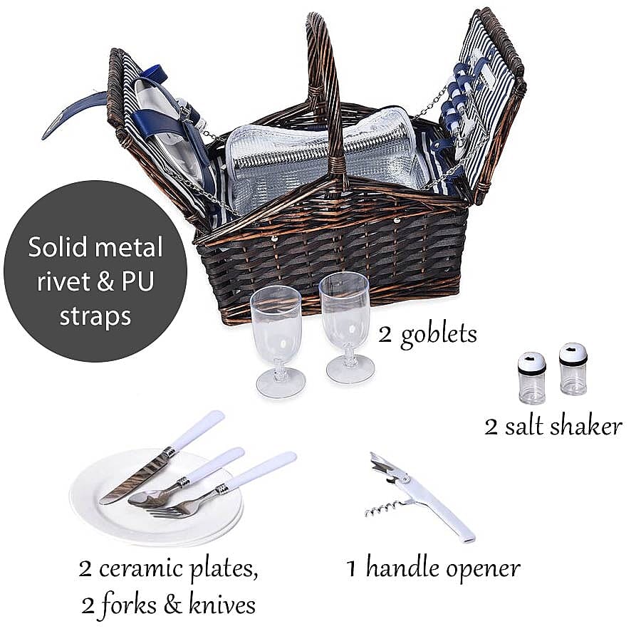 Blue & White Striped Inside Picnic Basket for 2 People (Includes 2 x Ceramic plates, 2 x Goblets, 2 x Knife, 2 x Fork, 2 x Spoon, 1 handle Opener, 1 Salt Shaker  and 1 Pepper Shaker) (Size 32x32x20Cm)