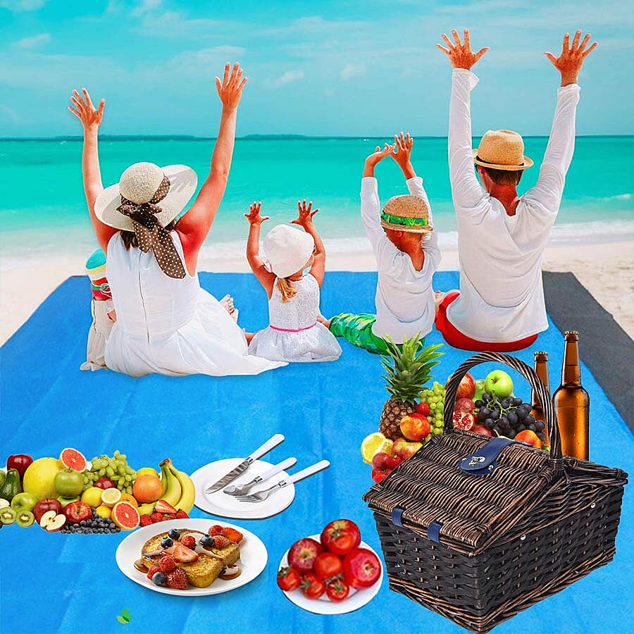 Blue & White Striped Inside Picnic Basket for 2 People (Includes 2 x Ceramic plates, 2 x Goblets, 2 x Knife, 2 x Fork, 2 x Spoon, 1 handle Opener, 1 Salt Shaker  and 1 Pepper Shaker) (Size 32x32x20Cm)