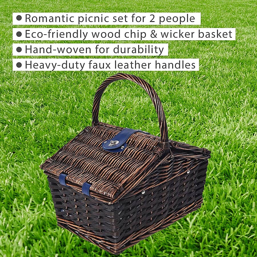Blue & White Striped Inside Picnic Basket for 2 People (Includes 2 x Ceramic plates, 2 x Goblets, 2 x Knife, 2 x Fork, 2 x Spoon, 1 handle Opener, 1 Salt Shaker  and 1 Pepper Shaker) (Size 32x32x20Cm)
